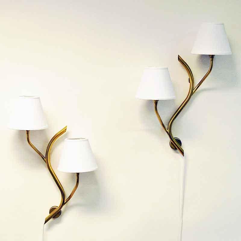 Brushed Pair of Norwegian Branch Brass Wall Lamps from Astra, 1956