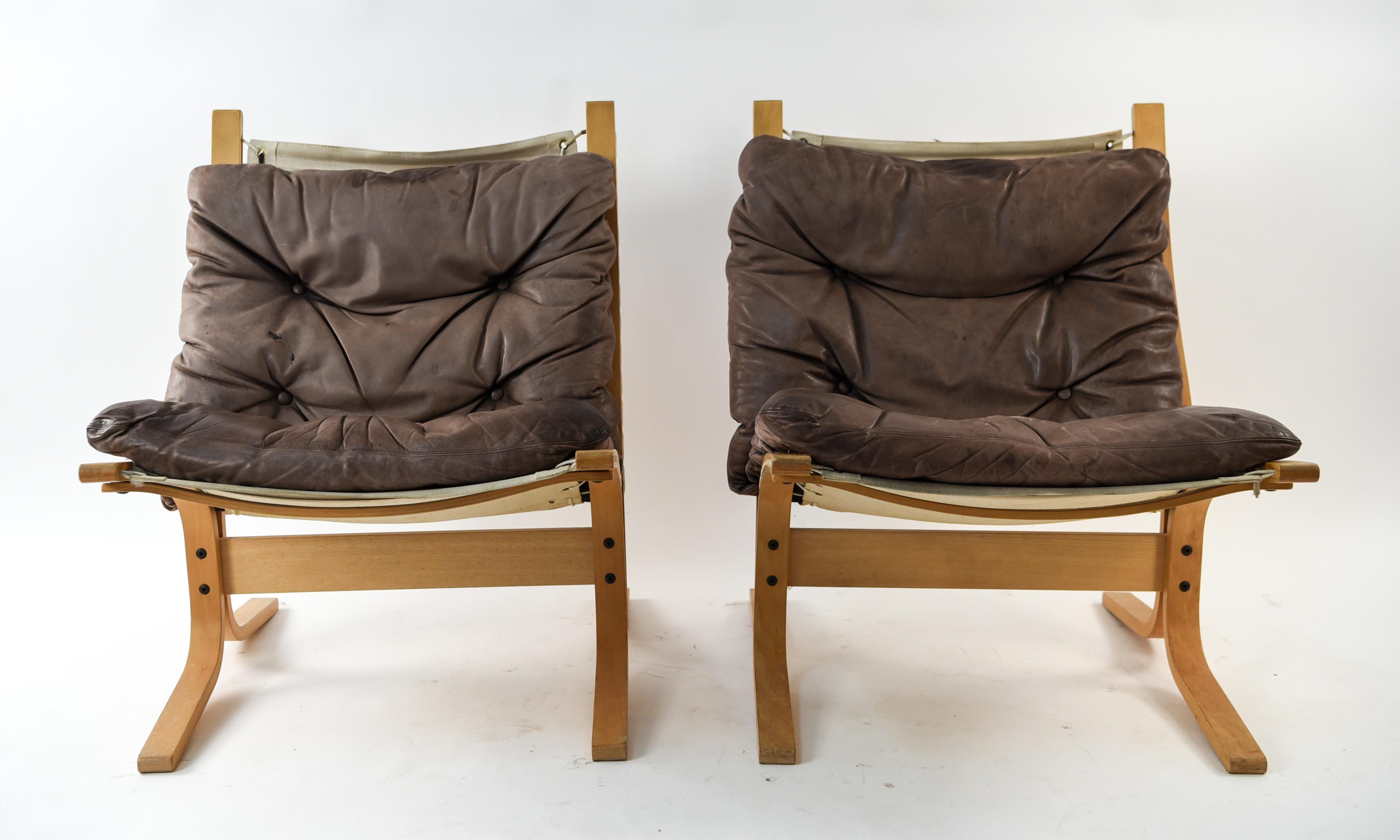 Mid-Century Modern Pair of Norwegian Ingmar Relling for Westnofa Brown Leather Siesta Chairs