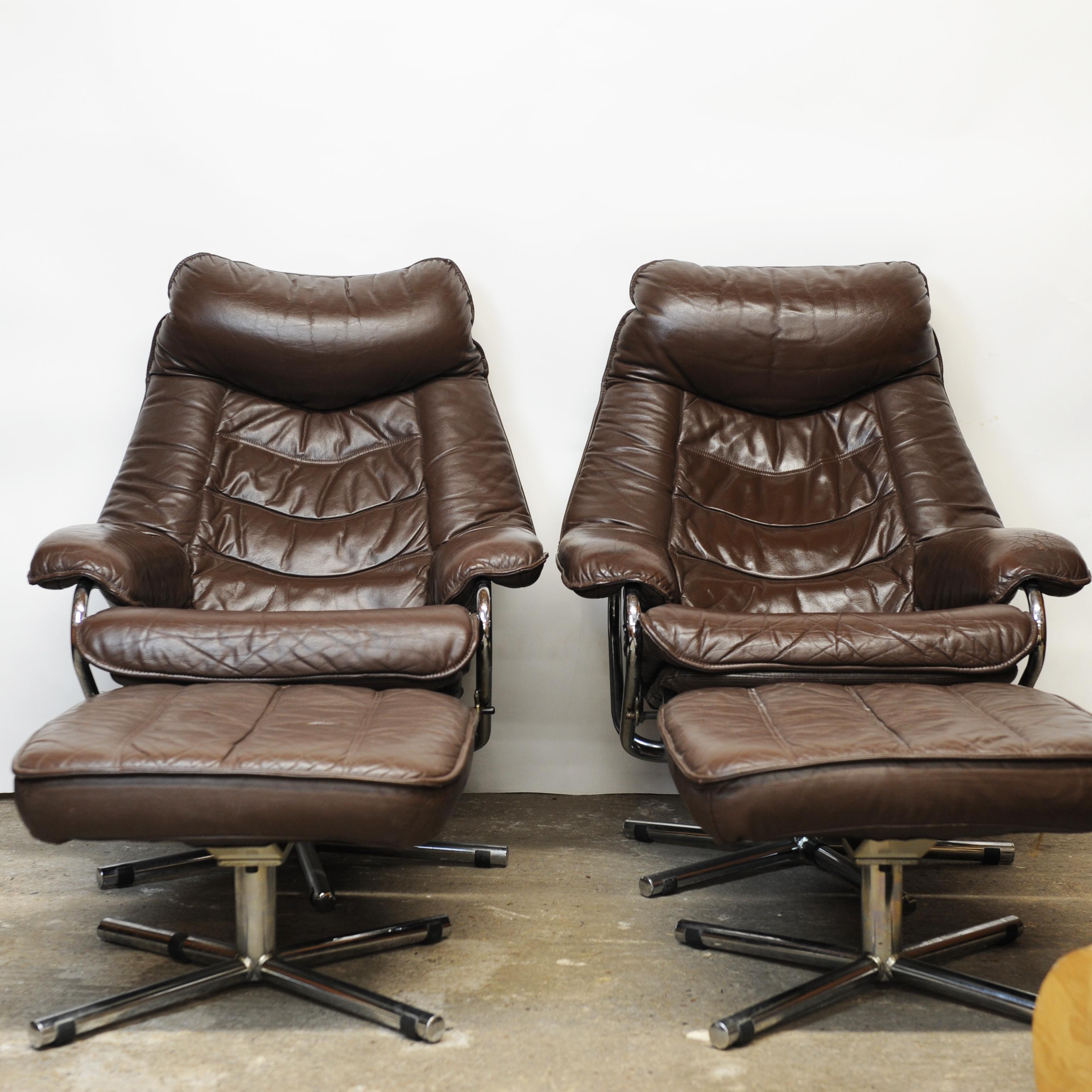 Pair of Norwegian Lounge Chairs with Footstools in Brown Leather by Skoghaus  For Sale 5