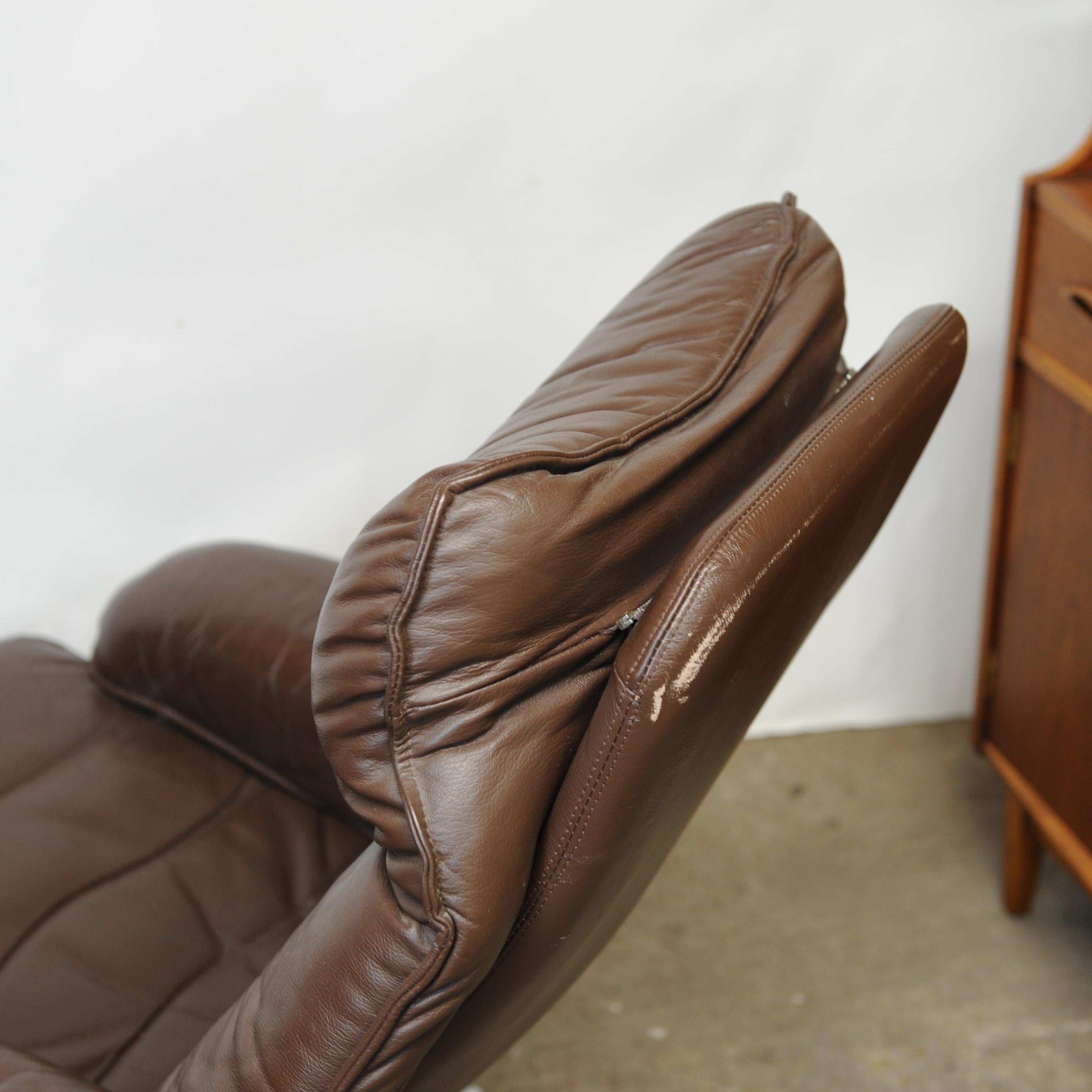 Pair of Norwegian Lounge Chairs with Footstools in Brown Leather by Skoghaus  For Sale 8