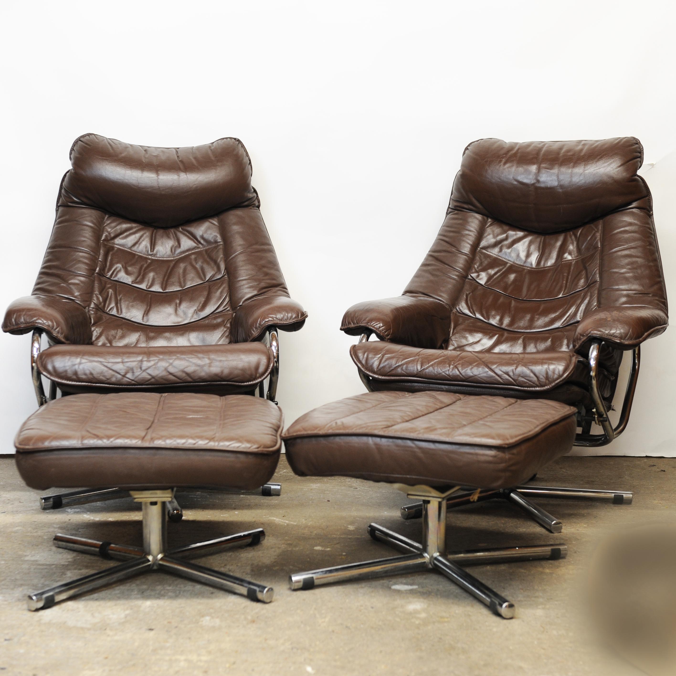 Pair of Norwegian Lounge Chairs with Footstools in Brown Leather by Skoghaus  In Good Condition For Sale In Chesham, GB