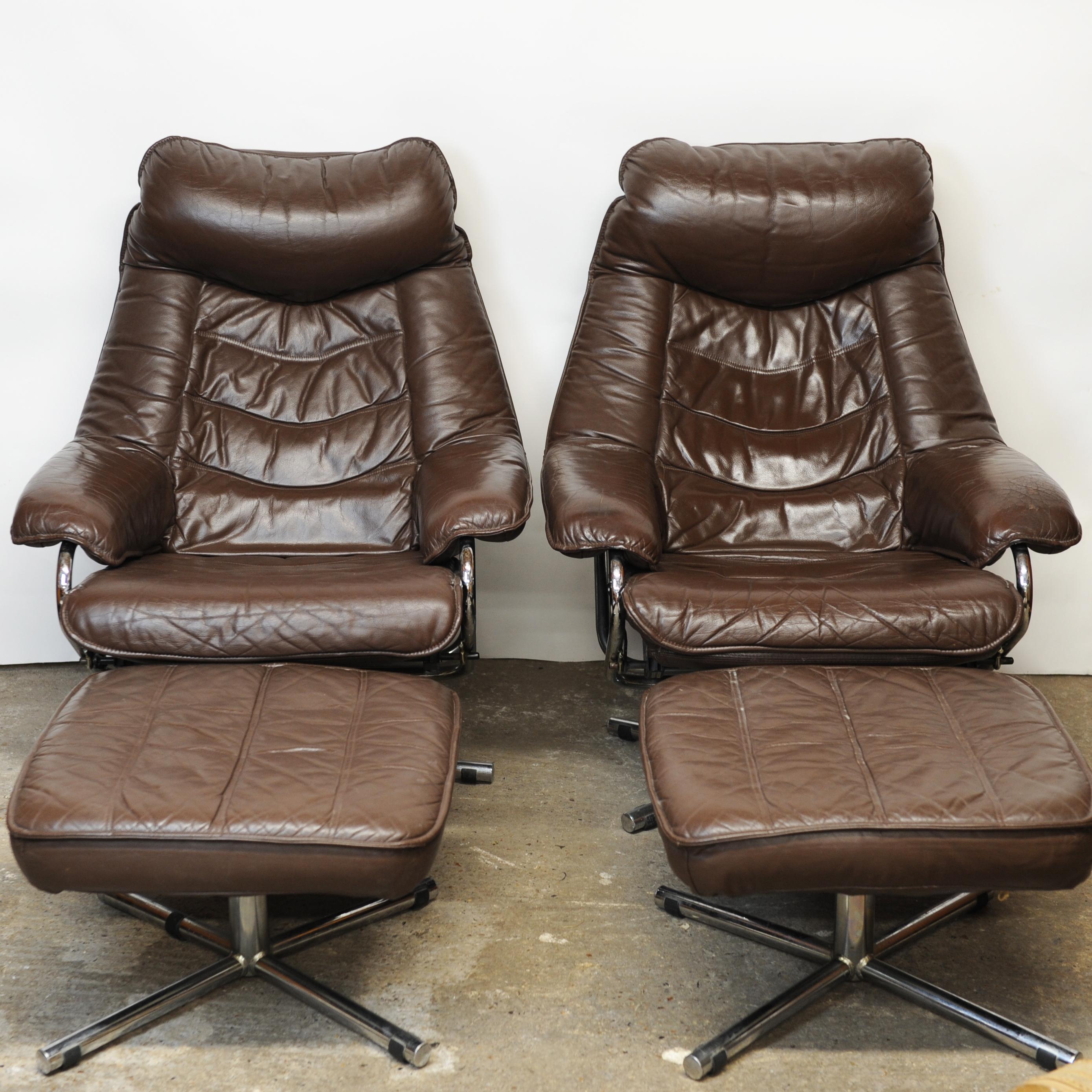 Pair of Norwegian Lounge Chairs with Footstools in Brown Leather by Skoghaus For Sale 2