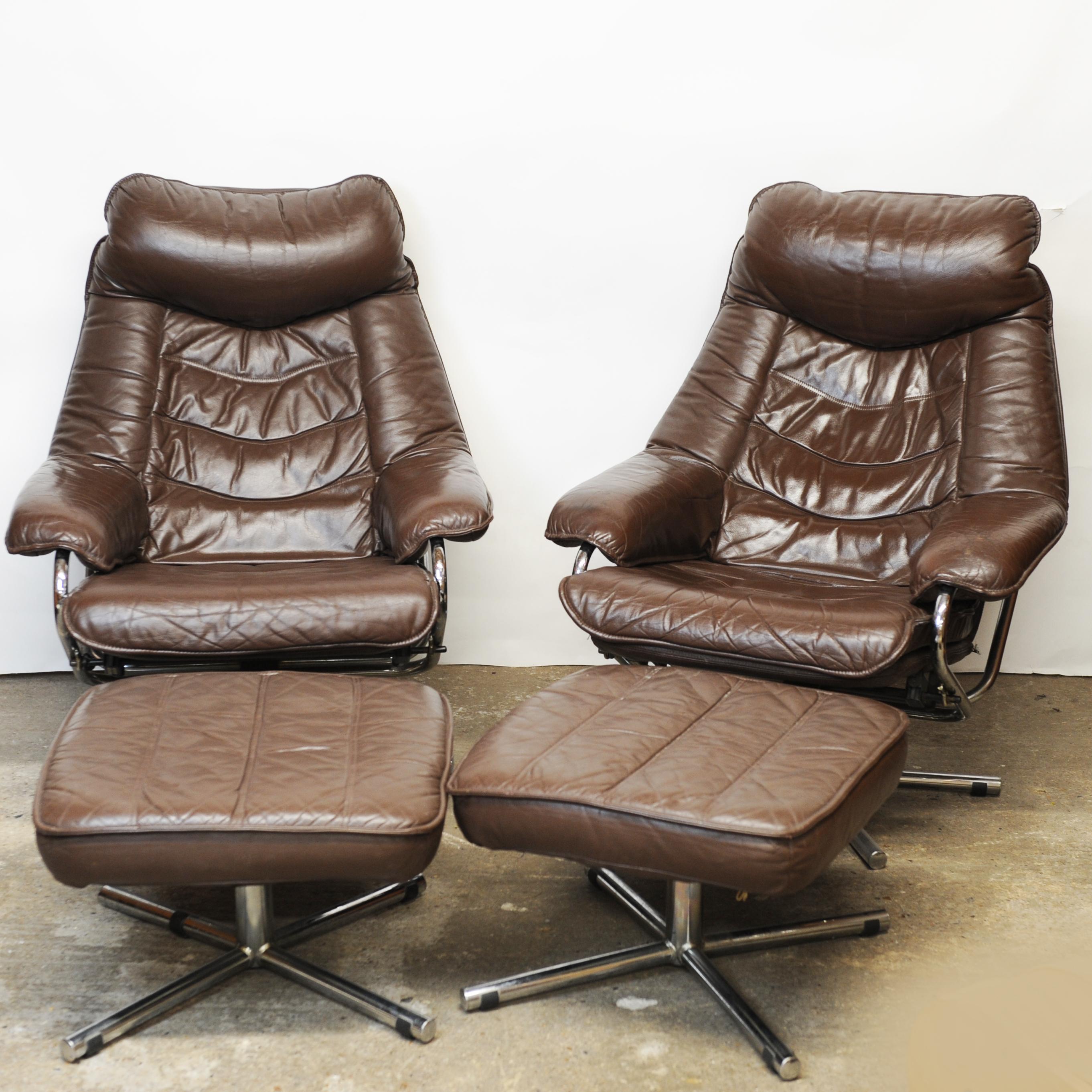 Pair of Norwegian Lounge Chairs with Footstools in Brown Leather by Skoghaus  For Sale 3
