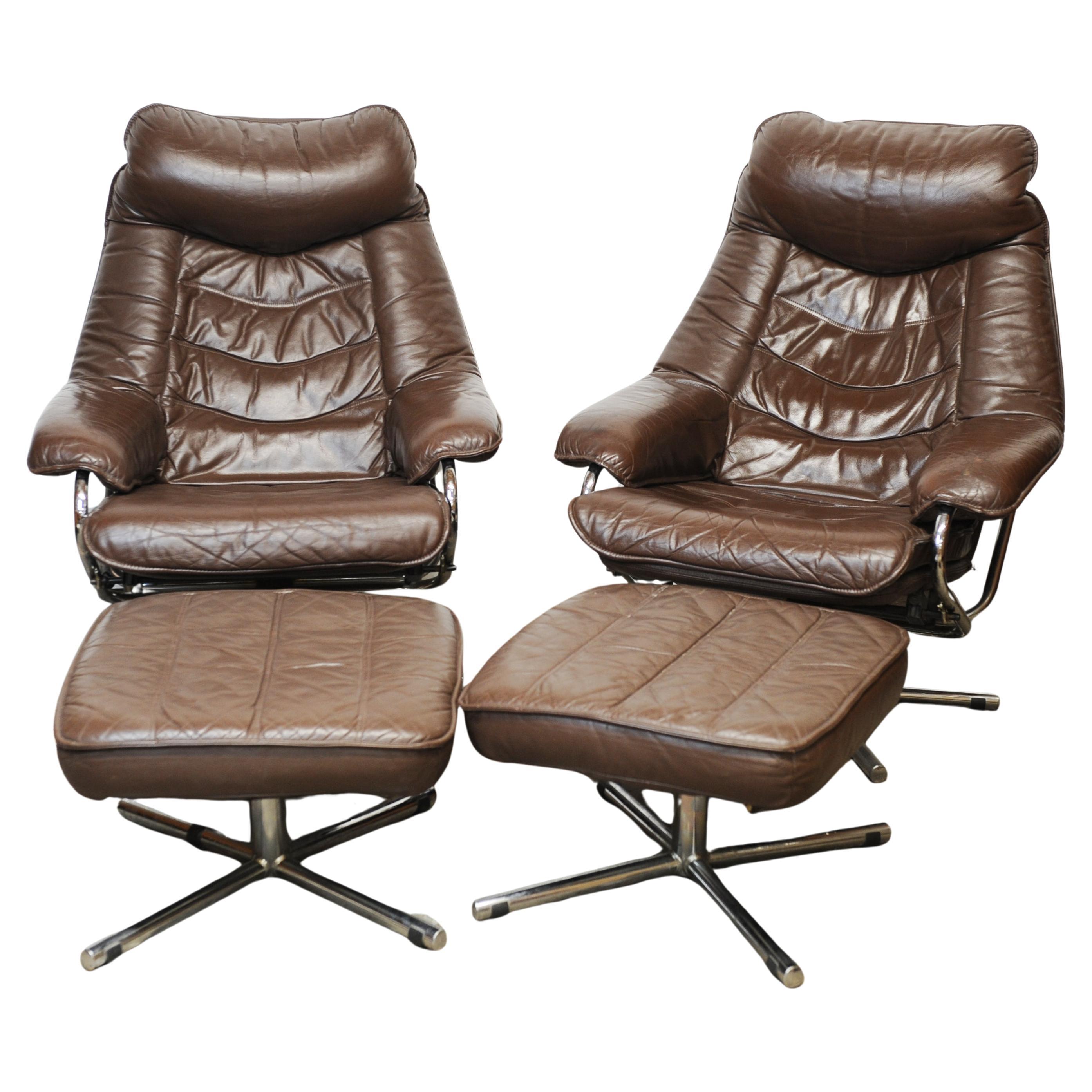 Pair of Norwegian Lounge Chairs with Footstools in Brown Leather by Skoghaus  For Sale