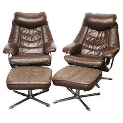 Retro Pair of Norwegian Lounge Chairs with Footstools in Brown Leather by Skoghaus 