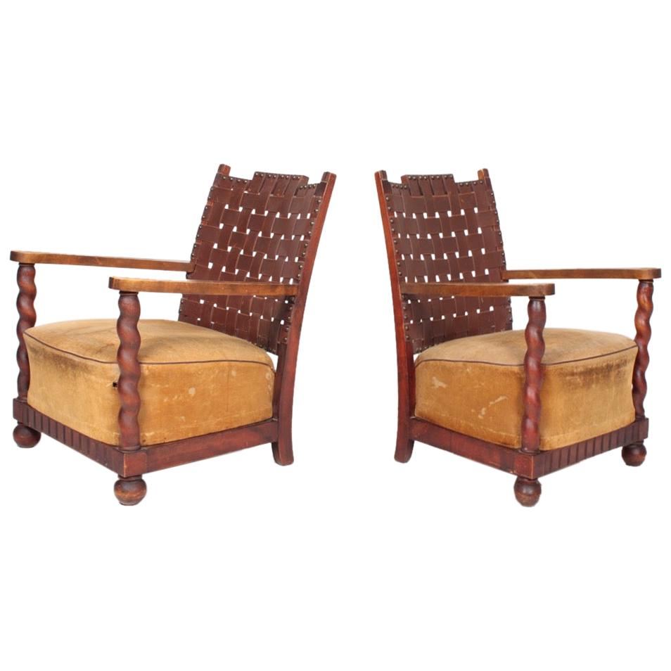 Pair of Norwegian Lounge Chairs with Patinated Leather, 1940s For Sale