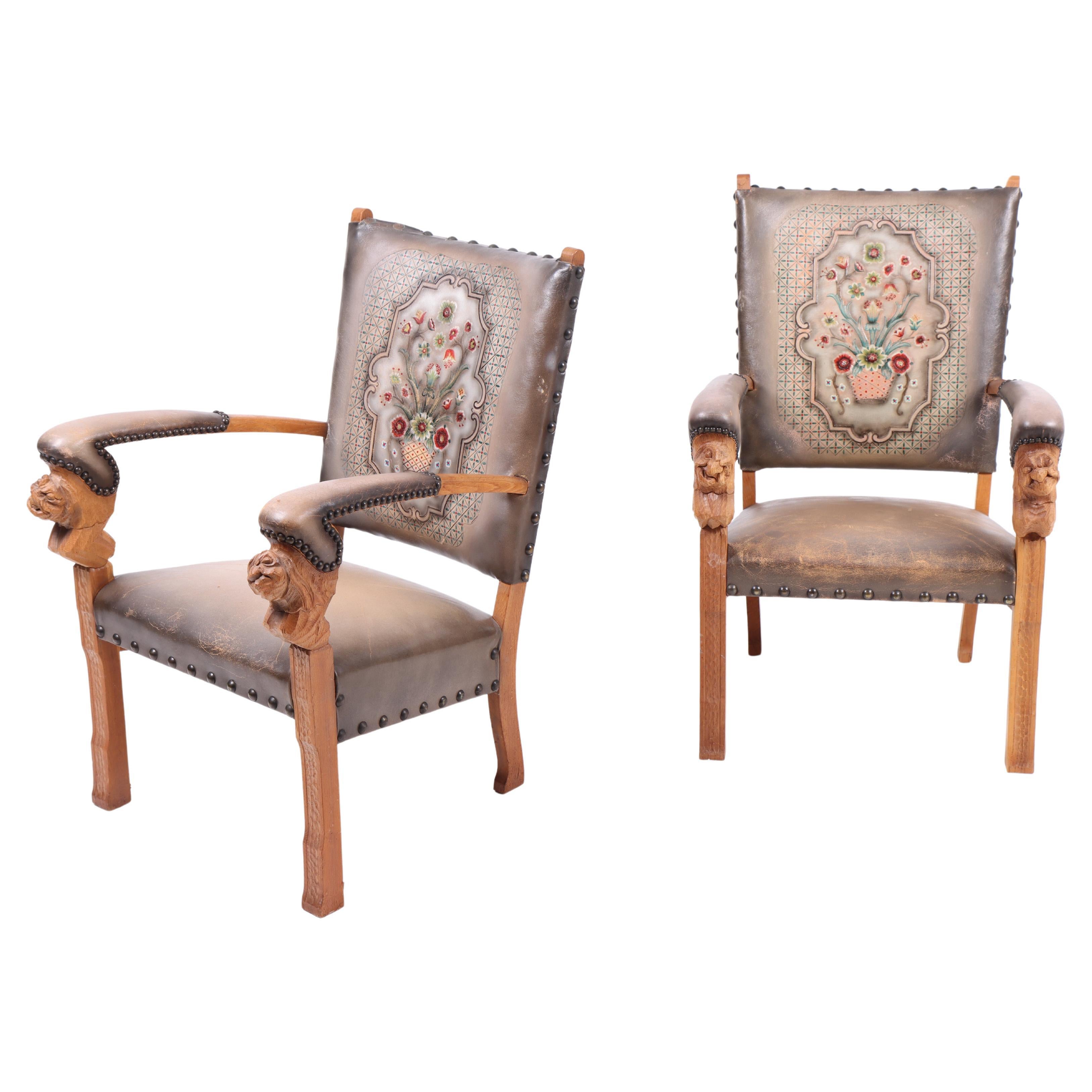 Pair of Norwegian Lounge Chairs with Patinated Leather, 1950s