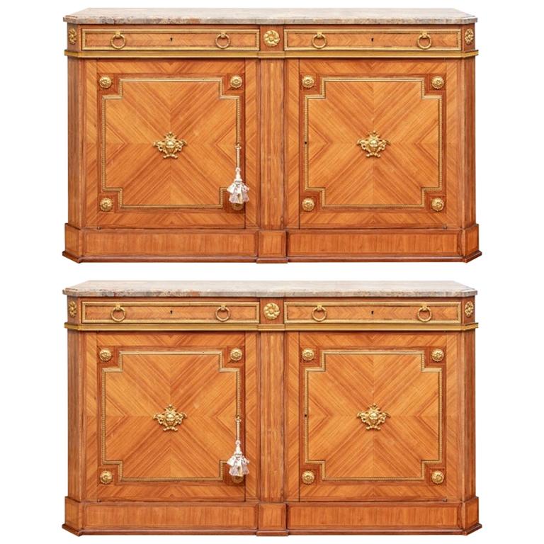 Pair of Notable Parquetry Marble Top Sideboard Cabinet For Sale