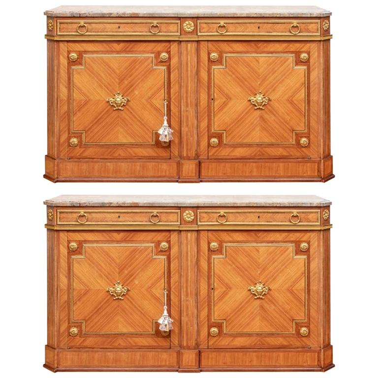 Pair of Notable Parquetry Marble Top Sideboard For Sale at 1stDibs