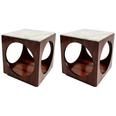 Pair of Novo Rumo Brazilian 1960s Jacaranda Wood Side Tables with Marble Tops