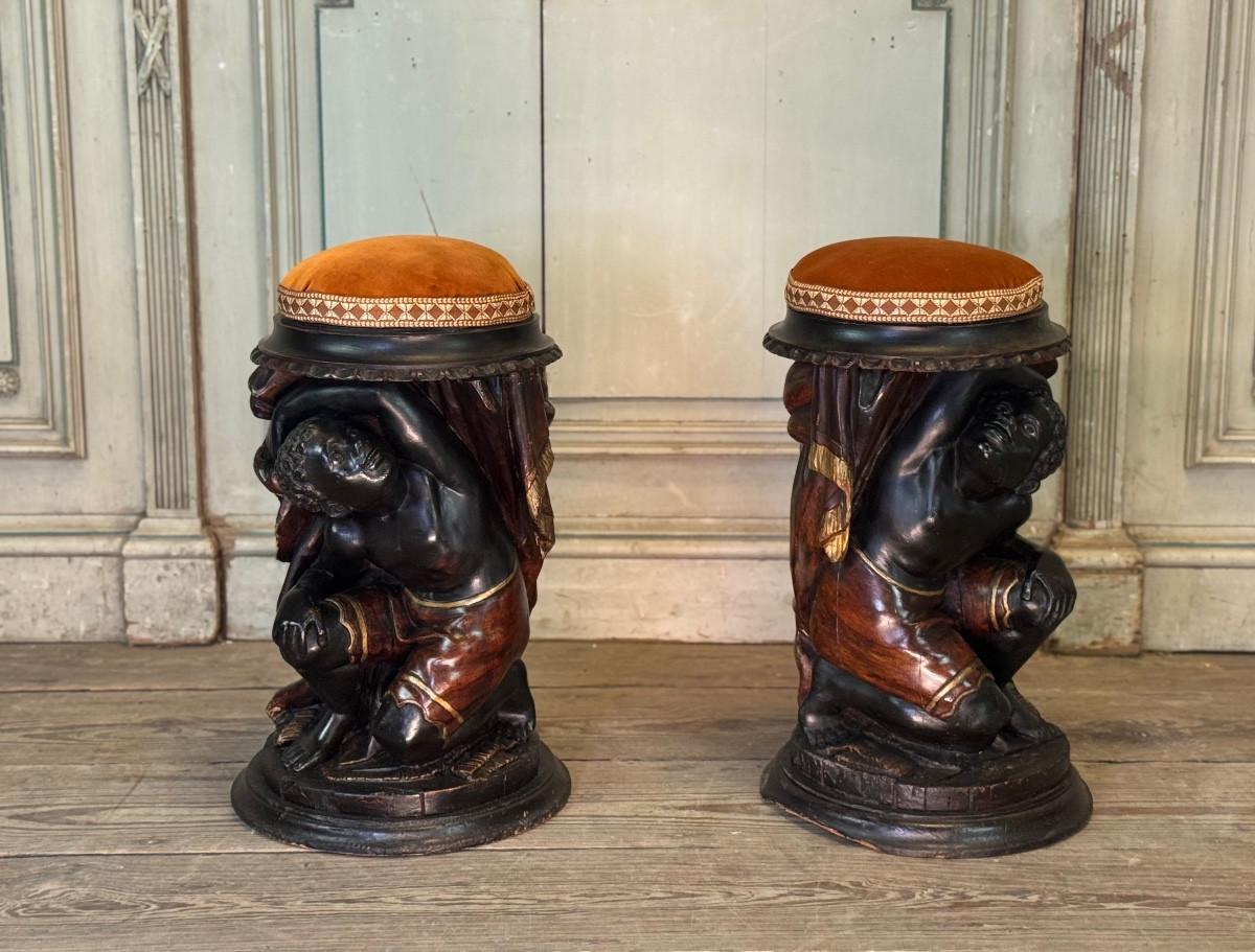Paar nubische Hocker, polychrome Skulpturen, Venedig, um 1880 im Angebot 6