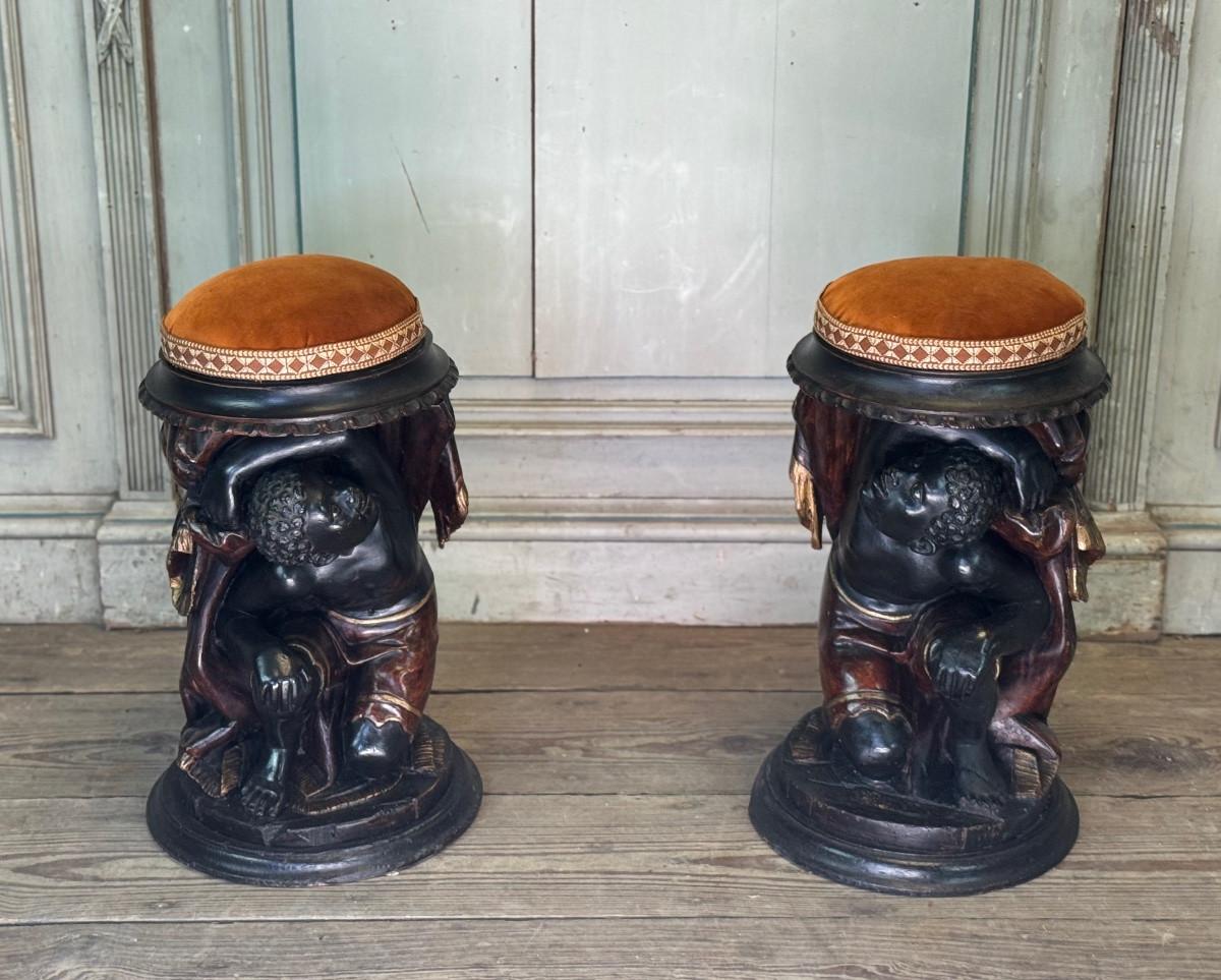 Paar nubische Hocker, polychrome Skulpturen, Venedig, um 1880 (Französisch) im Angebot