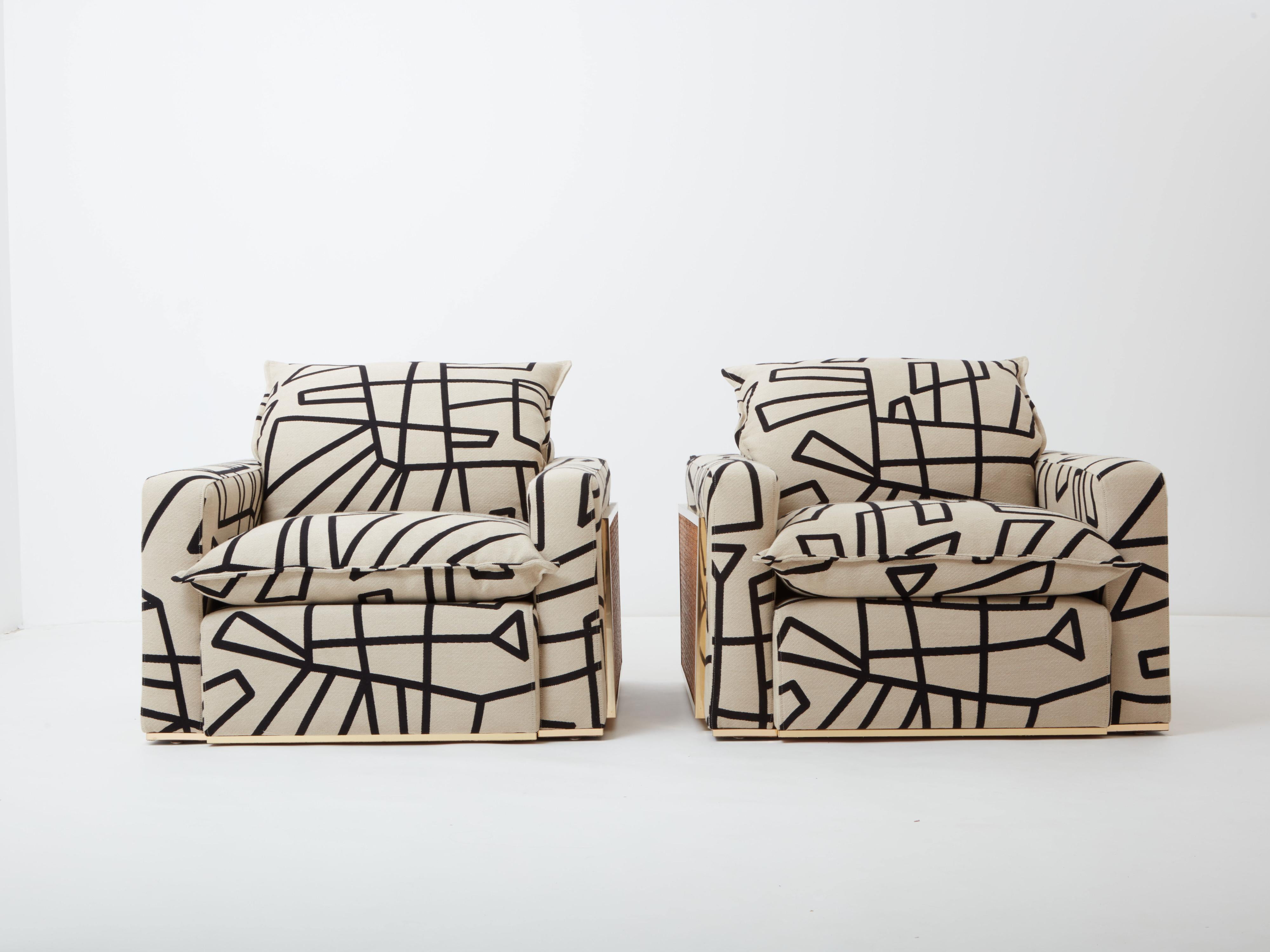 Paire de fauteuils tapissés en laiton et cannage Nucci Valsecchi des années 1970 en vente 4