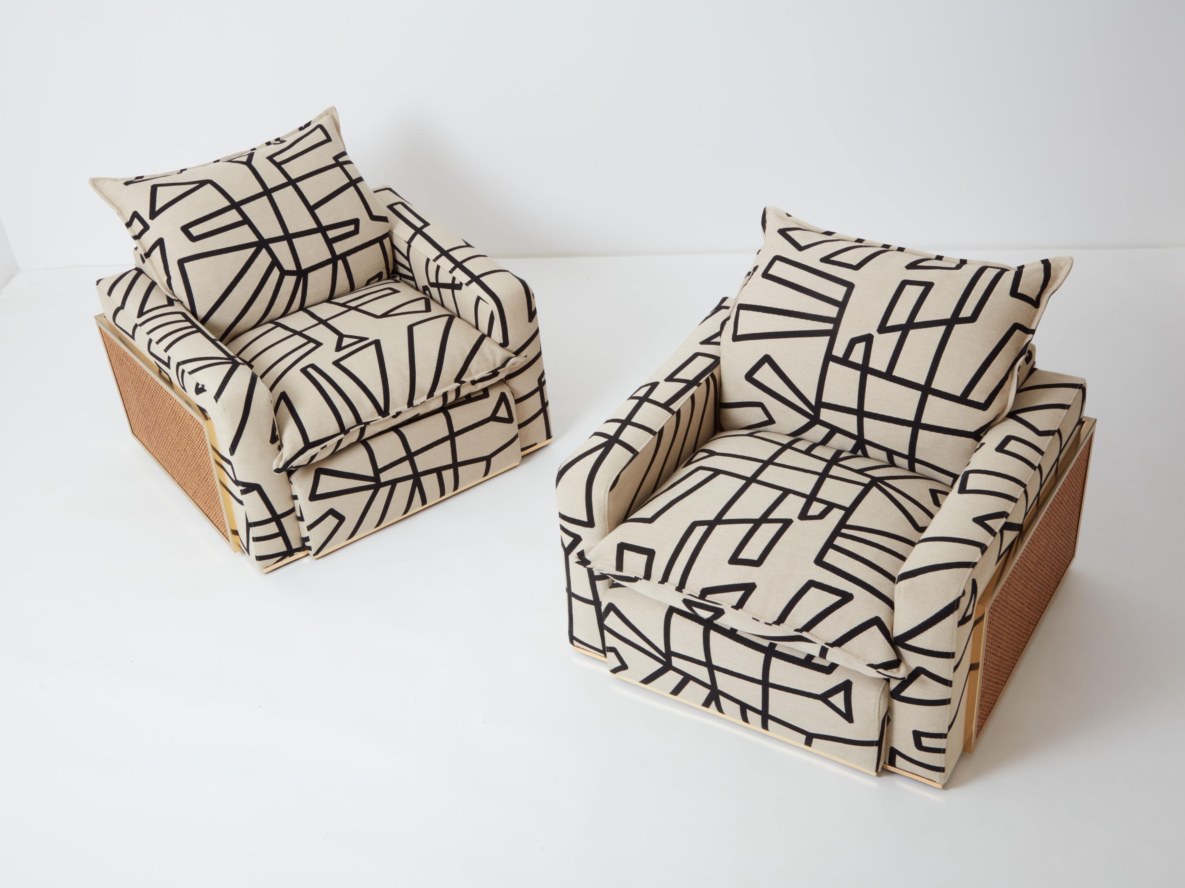 Mid-Century Modern Paire de fauteuils tapissés en laiton et cannage Nucci Valsecchi des années 1970 en vente