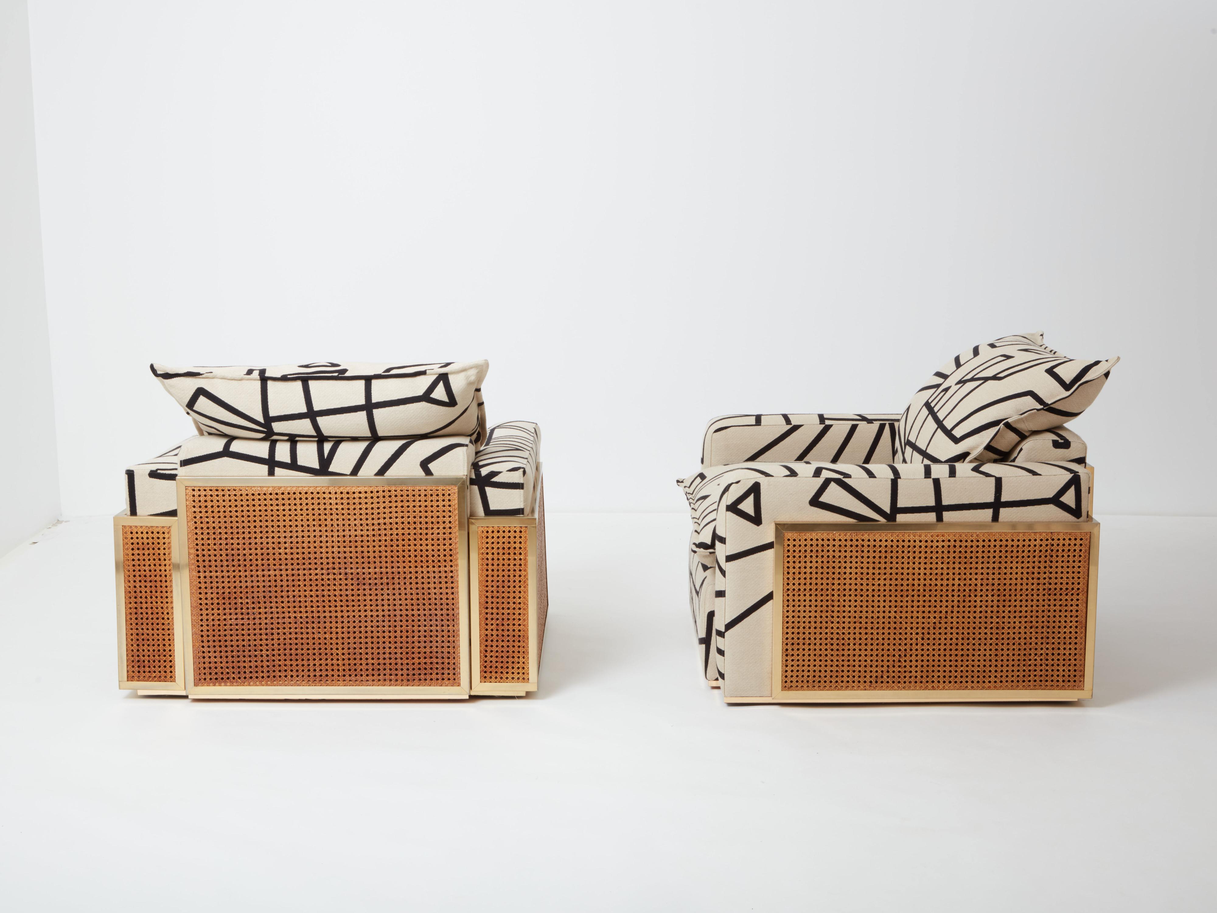 Paire de fauteuils tapissés en laiton et cannage Nucci Valsecchi des années 1970 Bon état - En vente à Paris, IDF