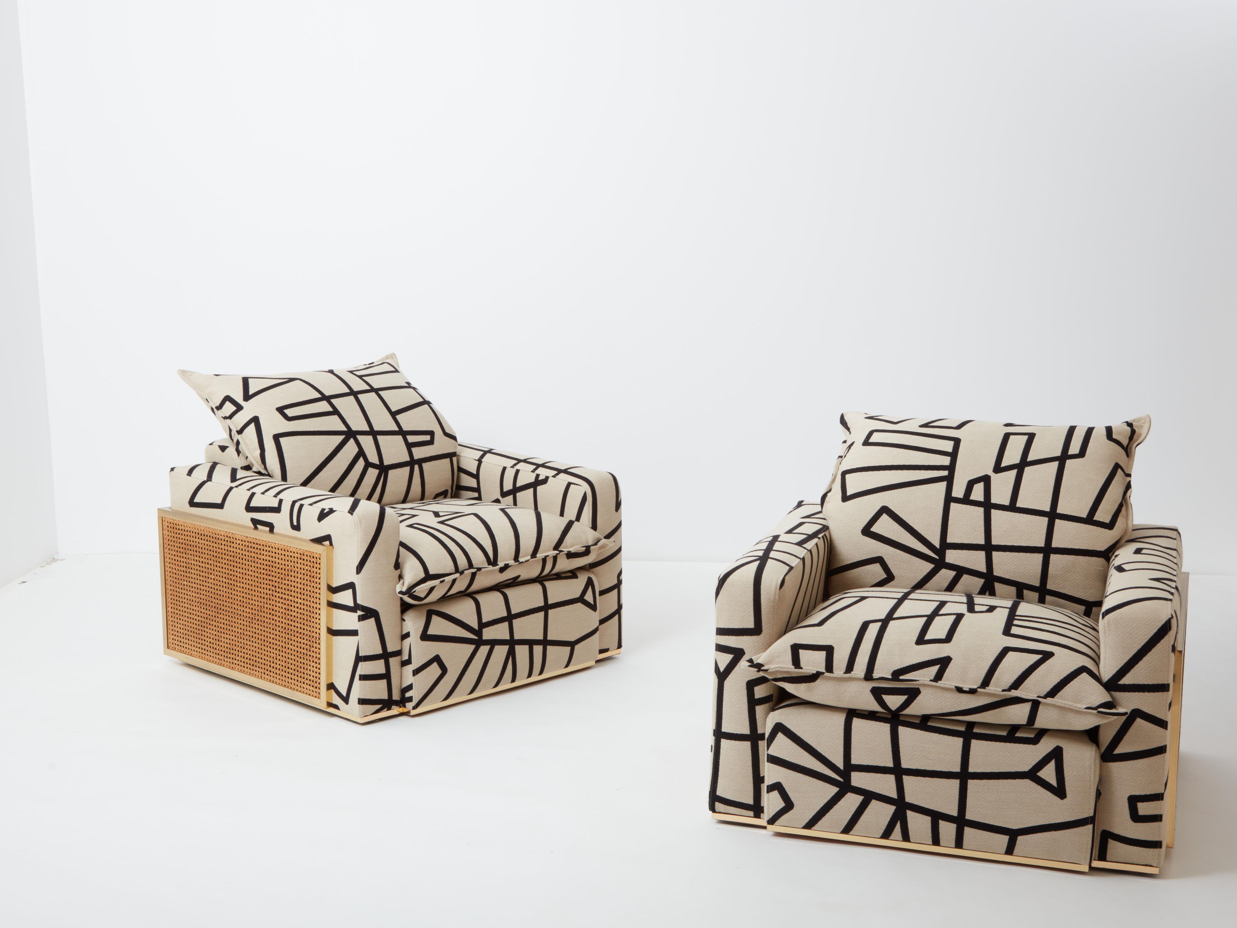 Fin du 20e siècle Paire de fauteuils tapissés en laiton et cannage Nucci Valsecchi des années 1970 en vente