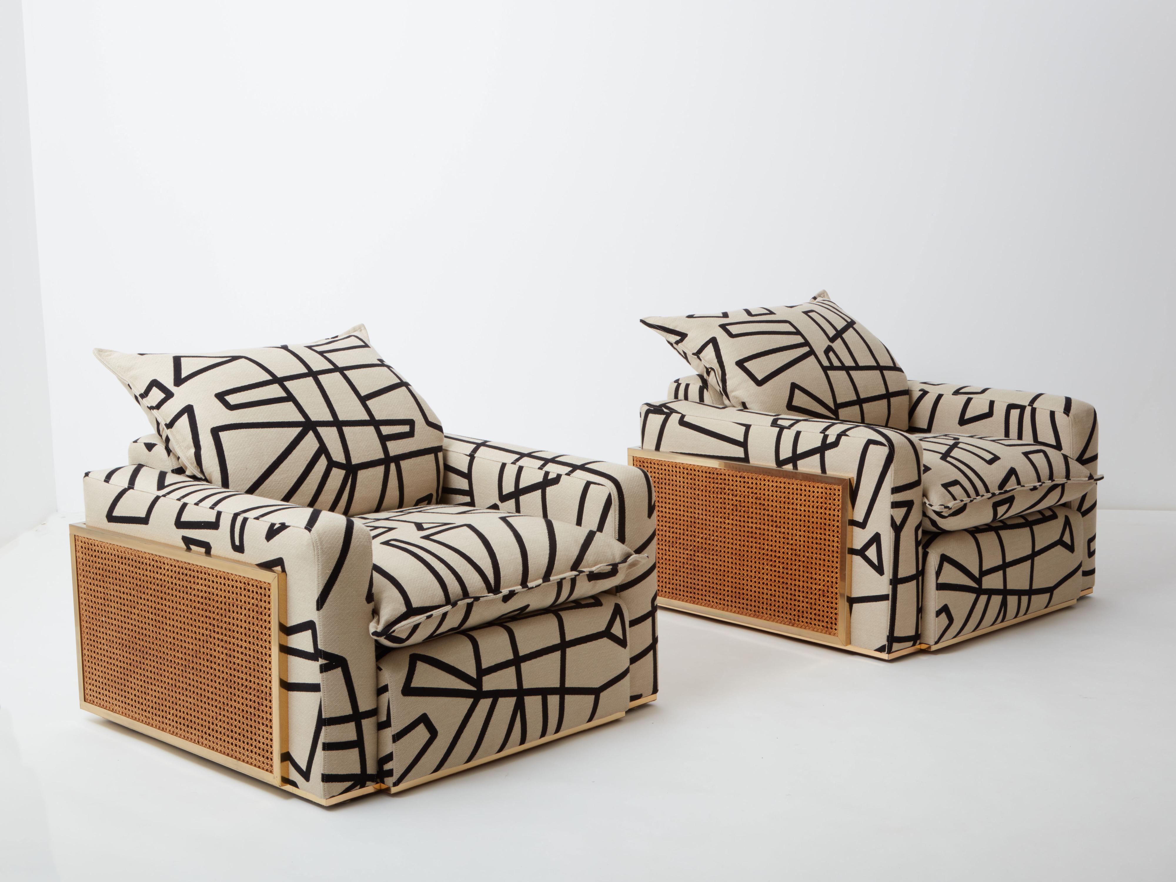 Pareja de sillones Nucci Valsecchi de caña y latón tapizados años 70 en venta 2