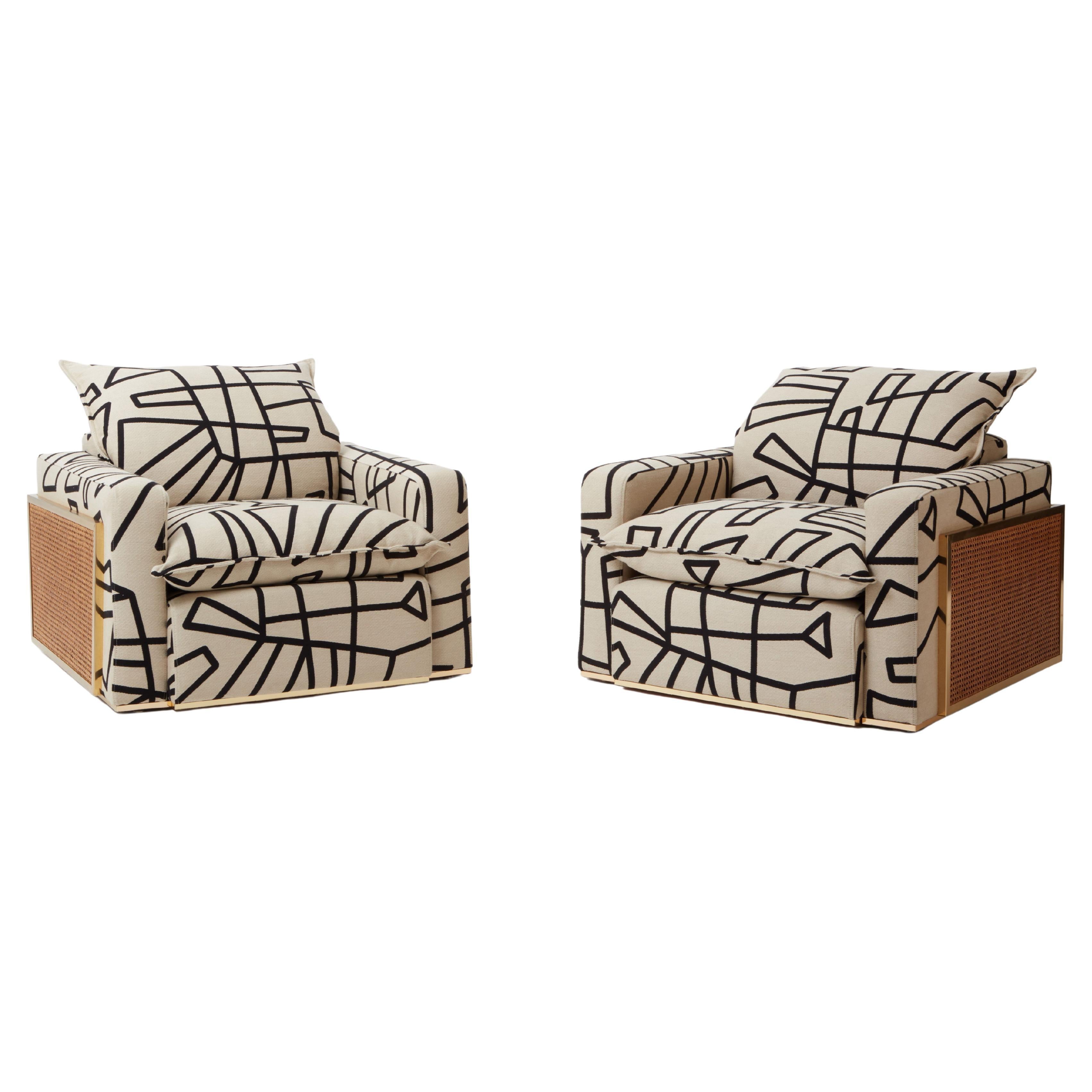 Paire de fauteuils tapissés en laiton et cannage Nucci Valsecchi des années 1970 en vente