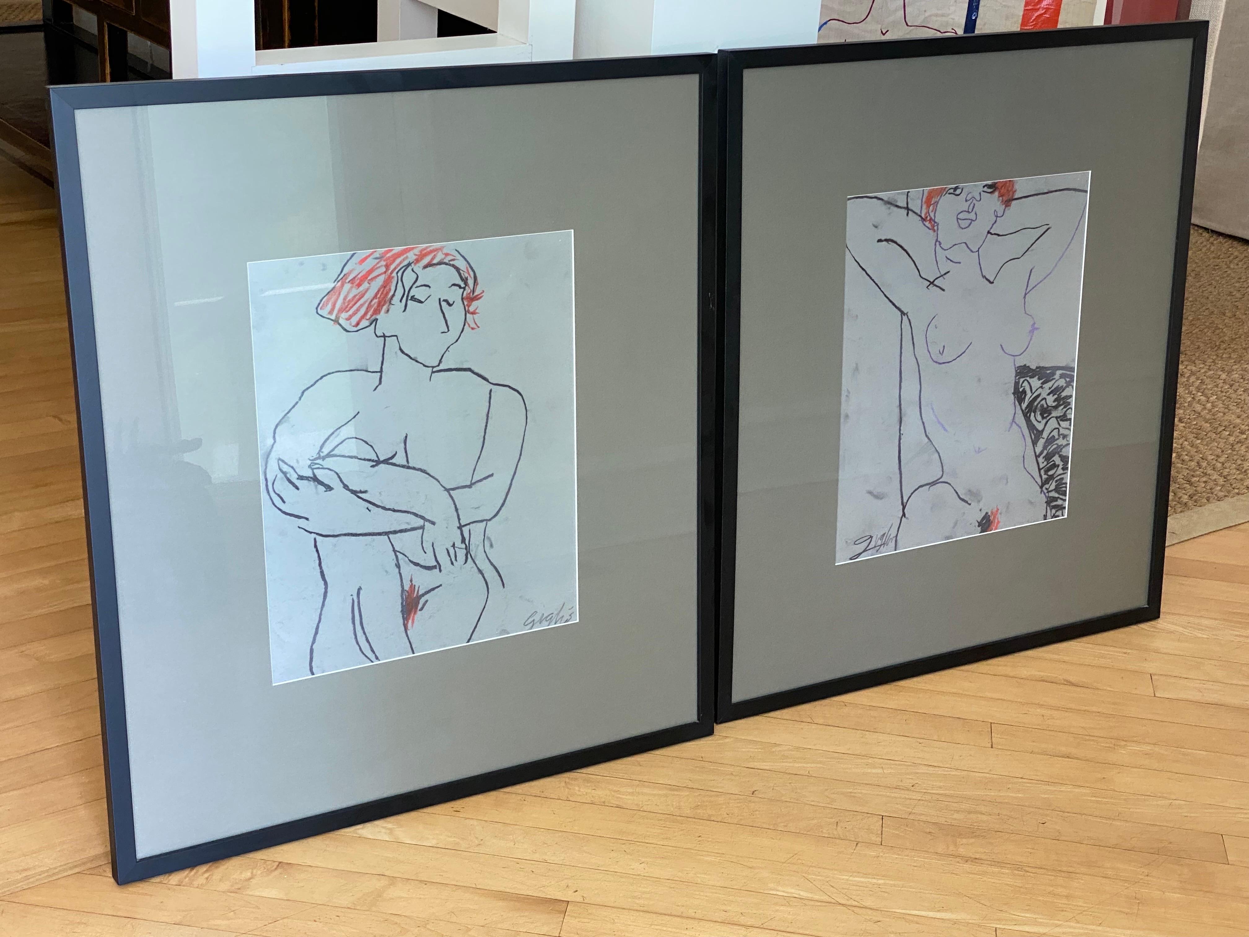 American Pair of Nude Studies, Crayon on Paper, Richard Giglio For Sale