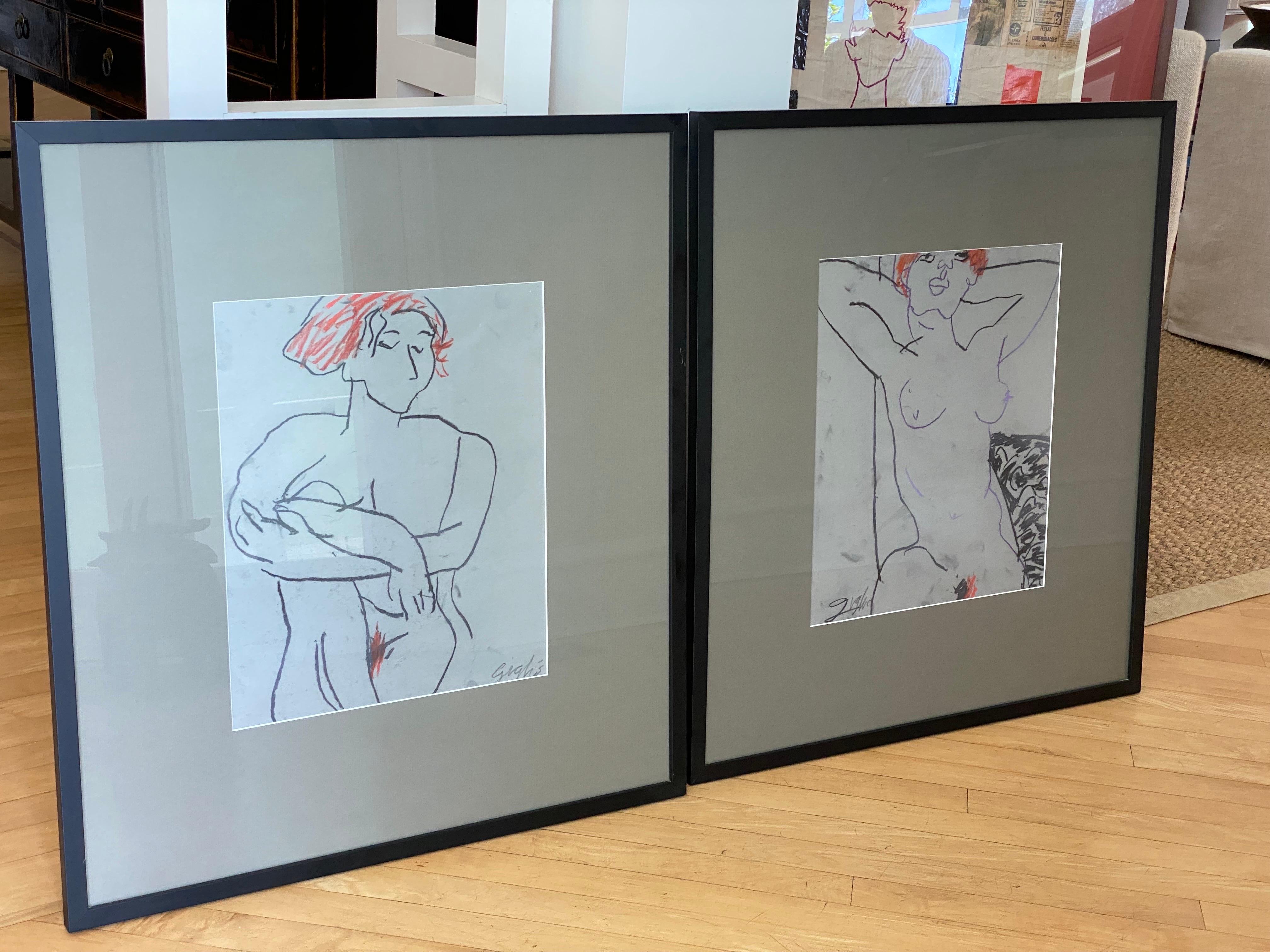 Pair of Nude Studies, Crayon on Paper, Richard Giglio In Good Condition For Sale In Southampton, NY