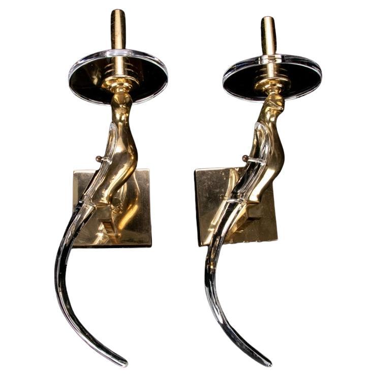 Pair Of Nulco Mid Century Brass And Crystal Bird Of Paradise Figural Wall Sconce For Sale