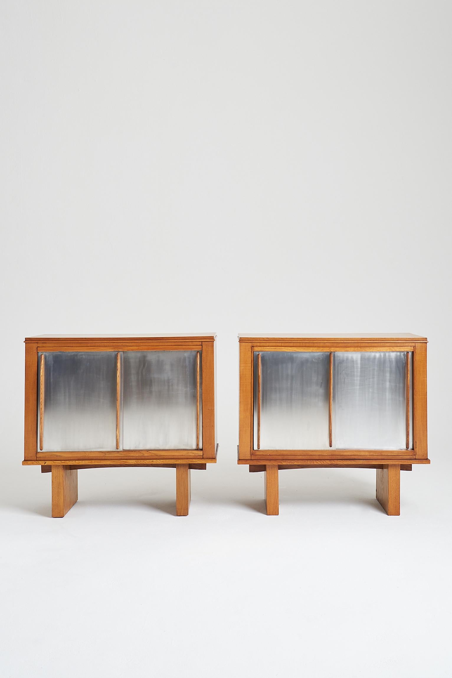 Mid-Century Modern Pair of Oak and Aluminium Cabinets, in the Manner of Charlotte Perriand