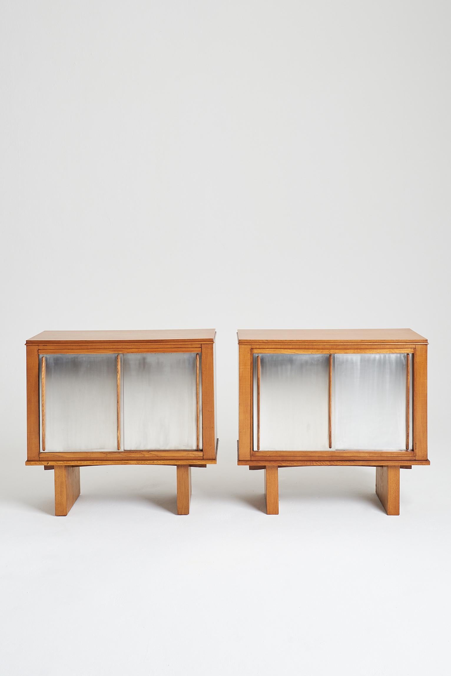 French Pair of Oak and Aluminium Cabinets, in the Manner of Charlotte Perriand