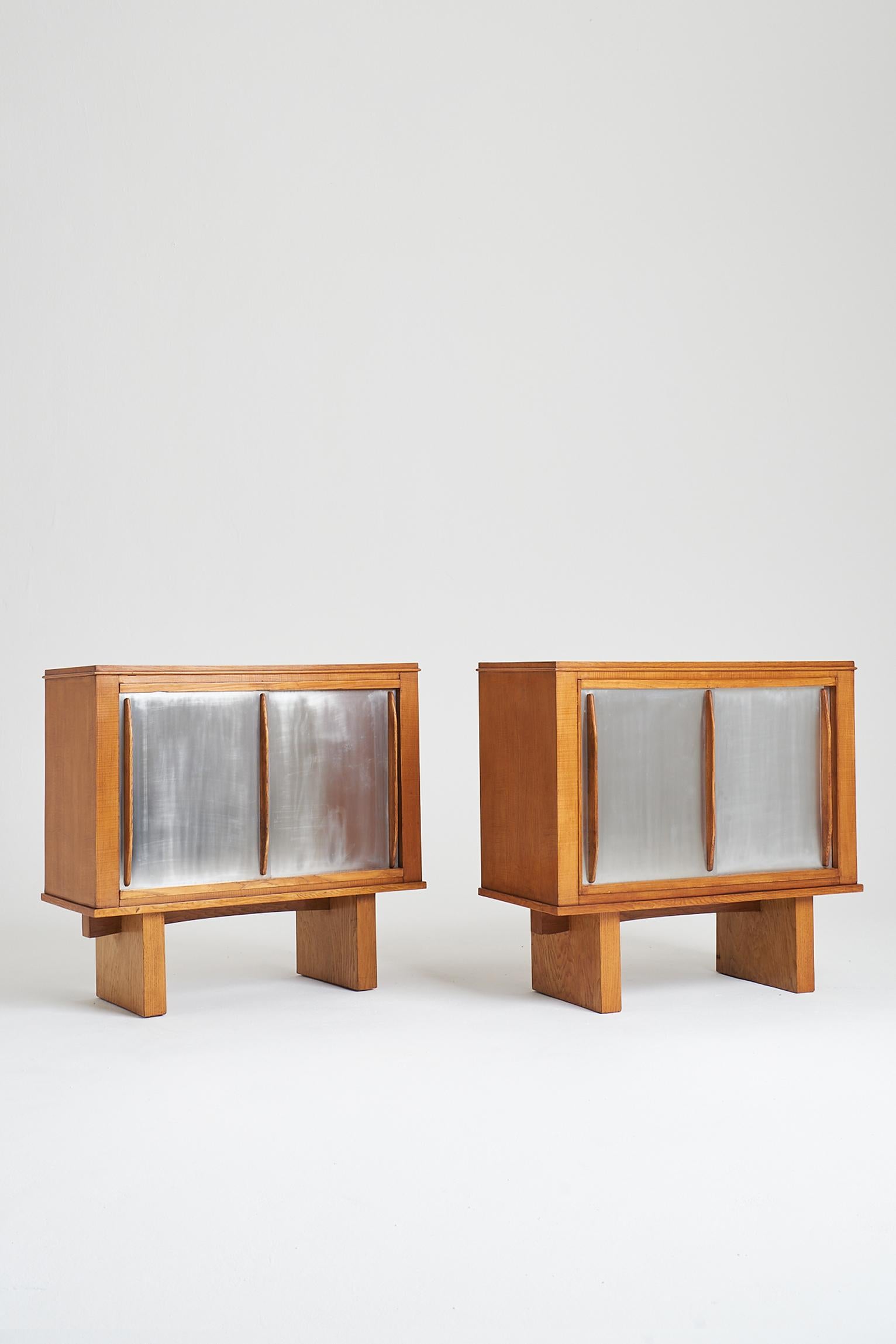 Veneer Pair of Oak and Aluminium Cabinets, in the Manner of Charlotte Perriand