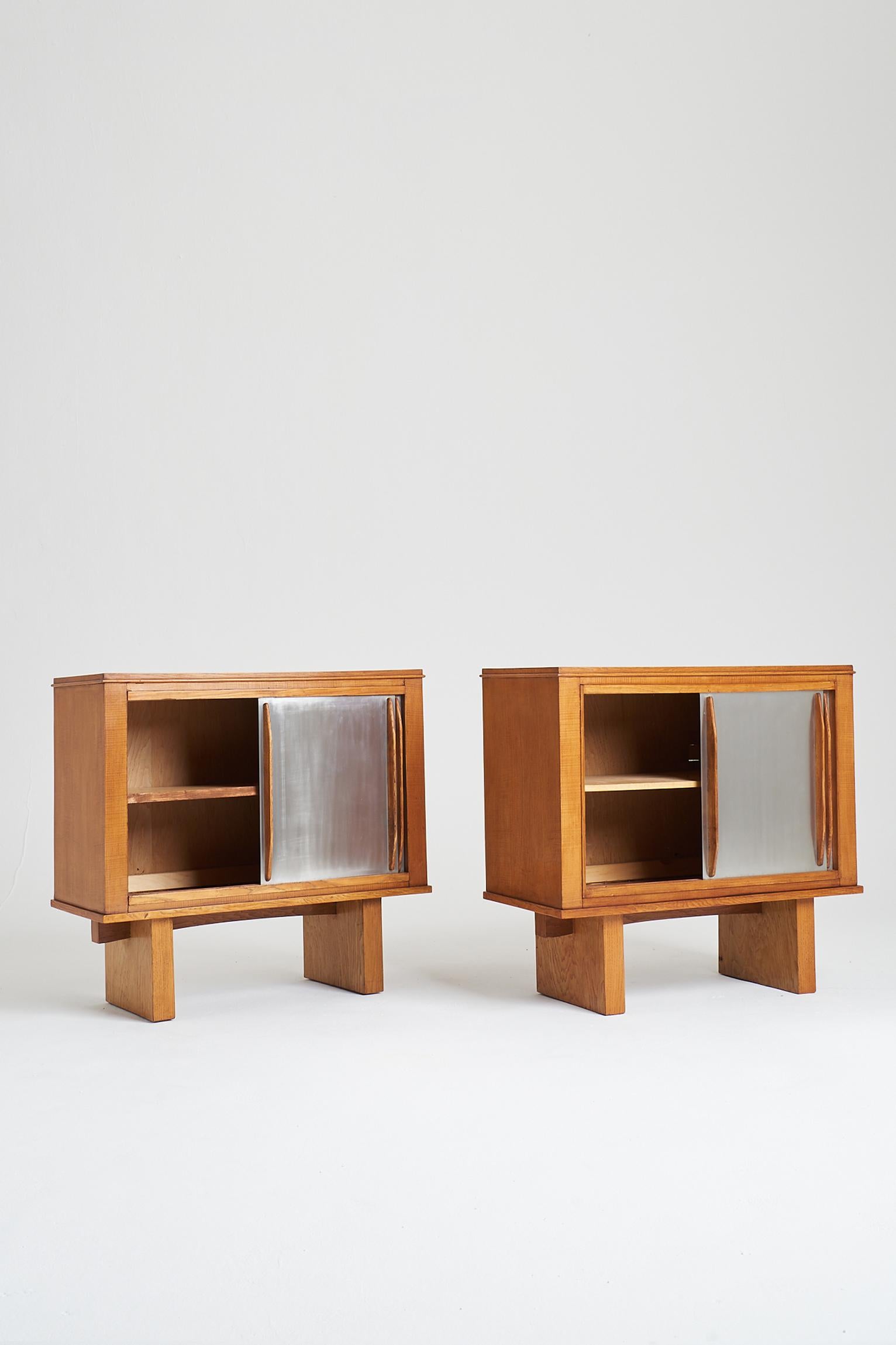 20th Century Pair of Oak and Aluminium Cabinets, in the Manner of Charlotte Perriand