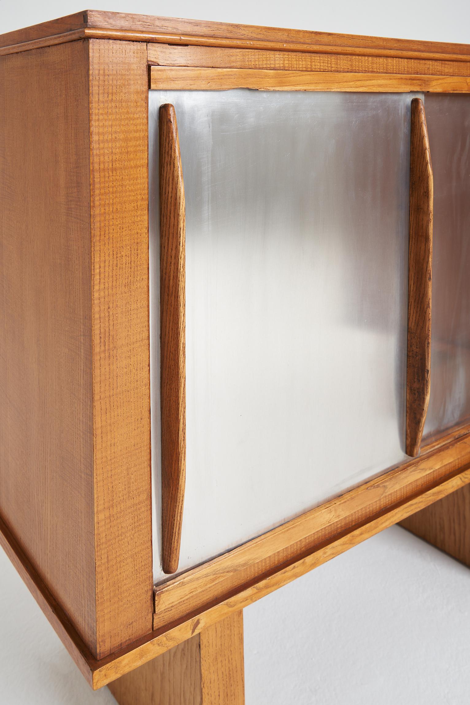 Aluminum Pair of Oak and Aluminium Cabinets, in the Manner of Charlotte Perriand
