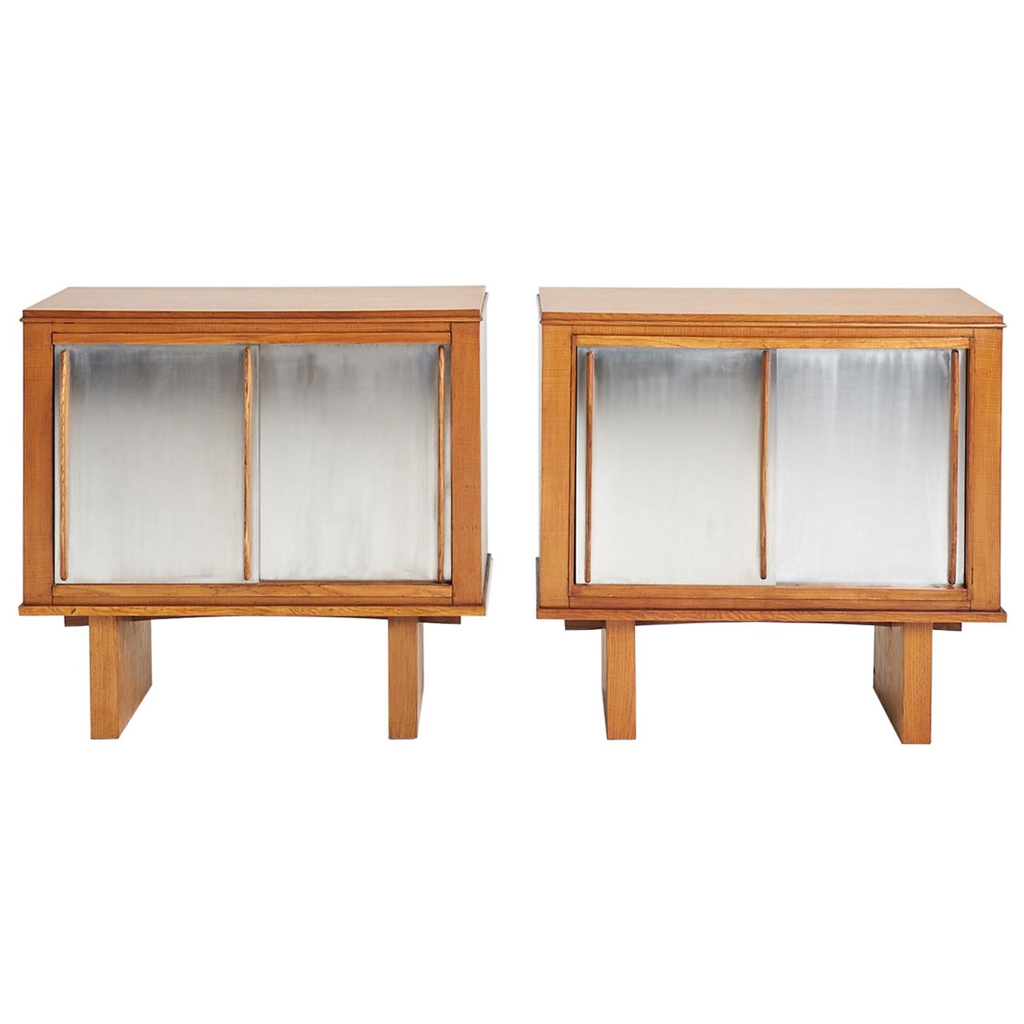 Pair of Oak and Aluminium Cabinets, in the Manner of Charlotte Perriand