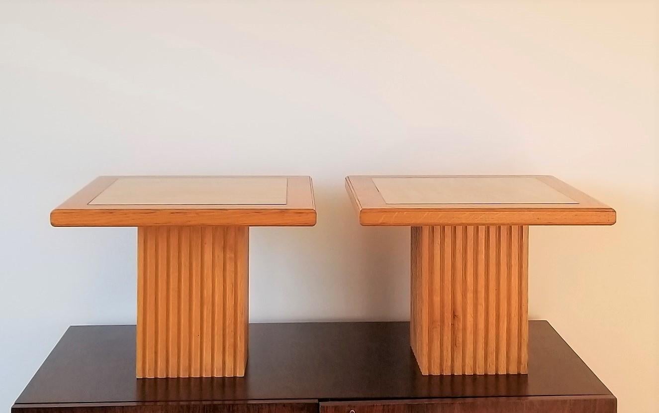 French Pair of Oak and Beige Travertine Neoclassical End Tables, France, 1970s For Sale