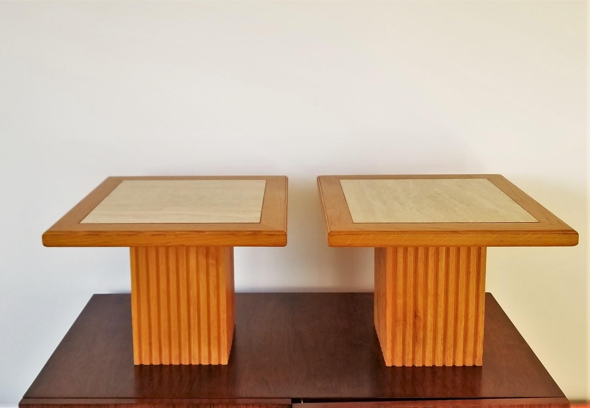 Pair of Oak and Beige Travertine Neoclassical End Tables, France, 1970s In Good Condition For Sale In New York, NY