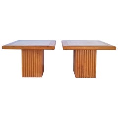 Pair of Oak and Beige Travertine Neoclassical End Tables, France, 1970s