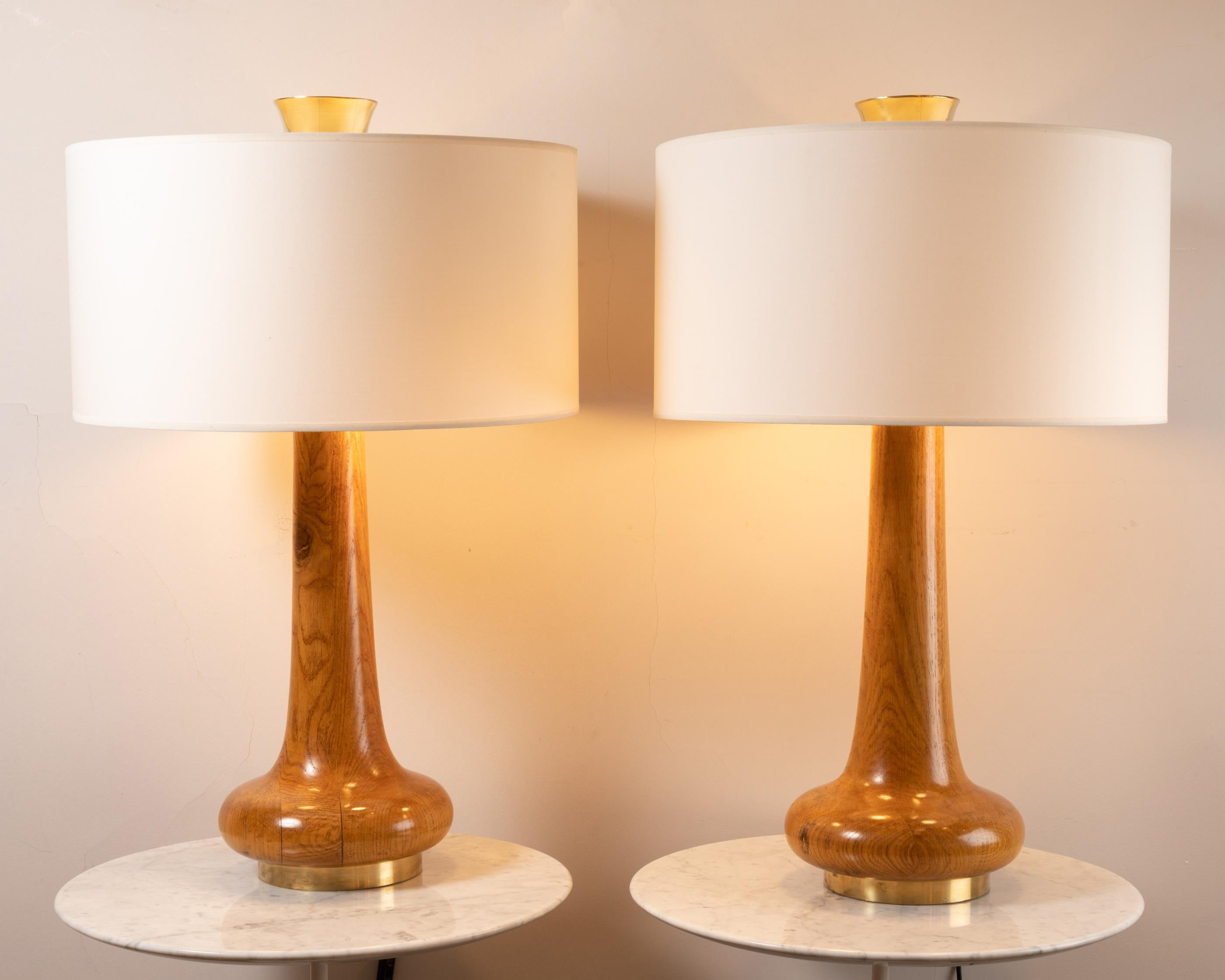 Mid-Century Modern Pair of Oak and Brass Table Lamps, France, 1970's