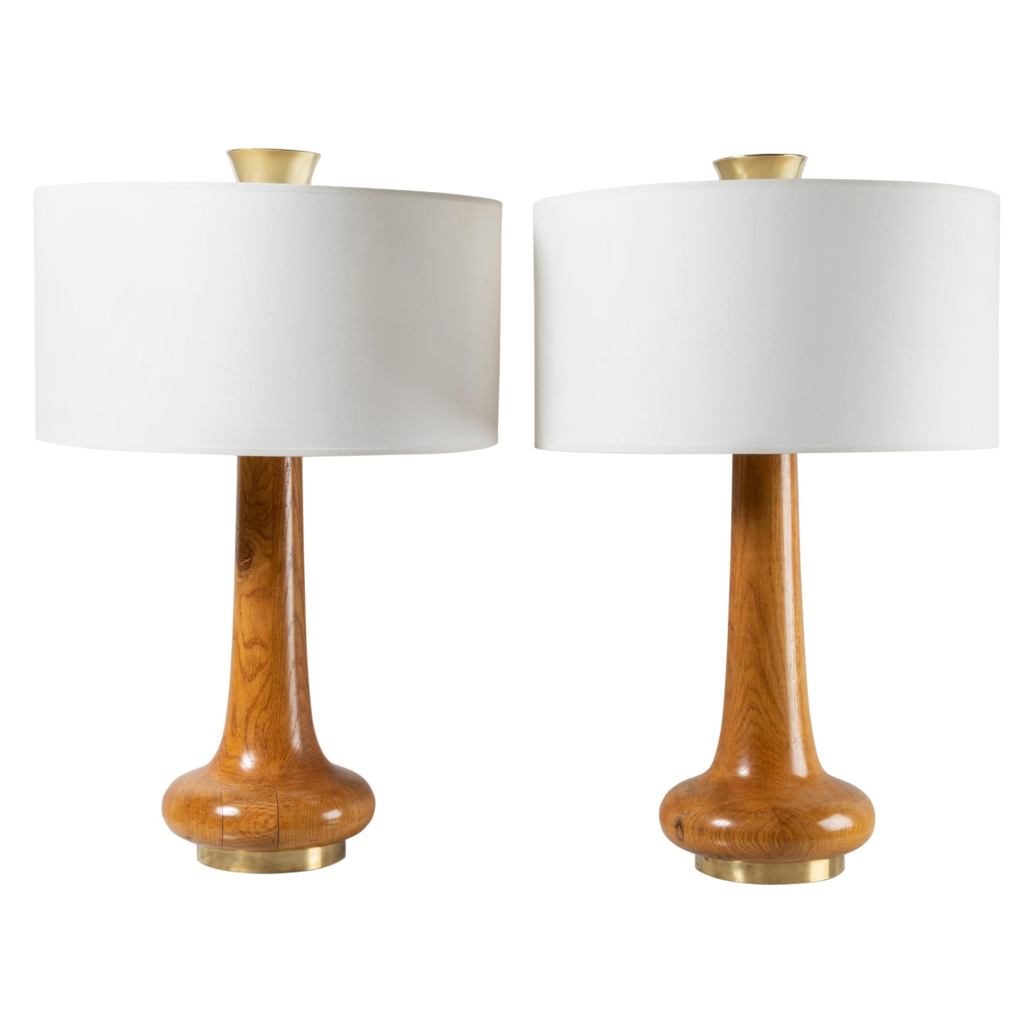Pair of Oak and Brass Table Lamps, France, 1970's