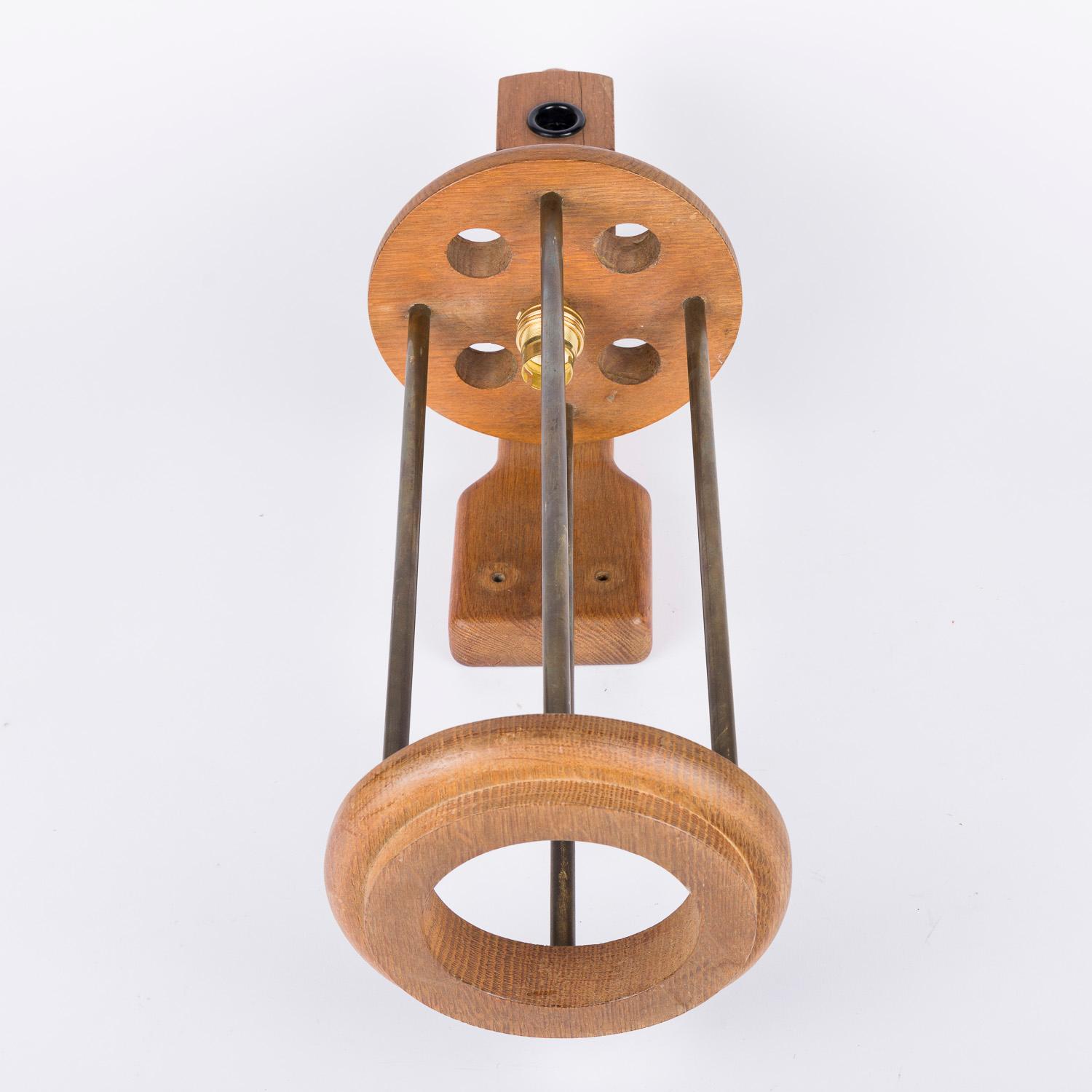 Pair of oak and brass wall lights by Guillerme & Chambron For Sale 2