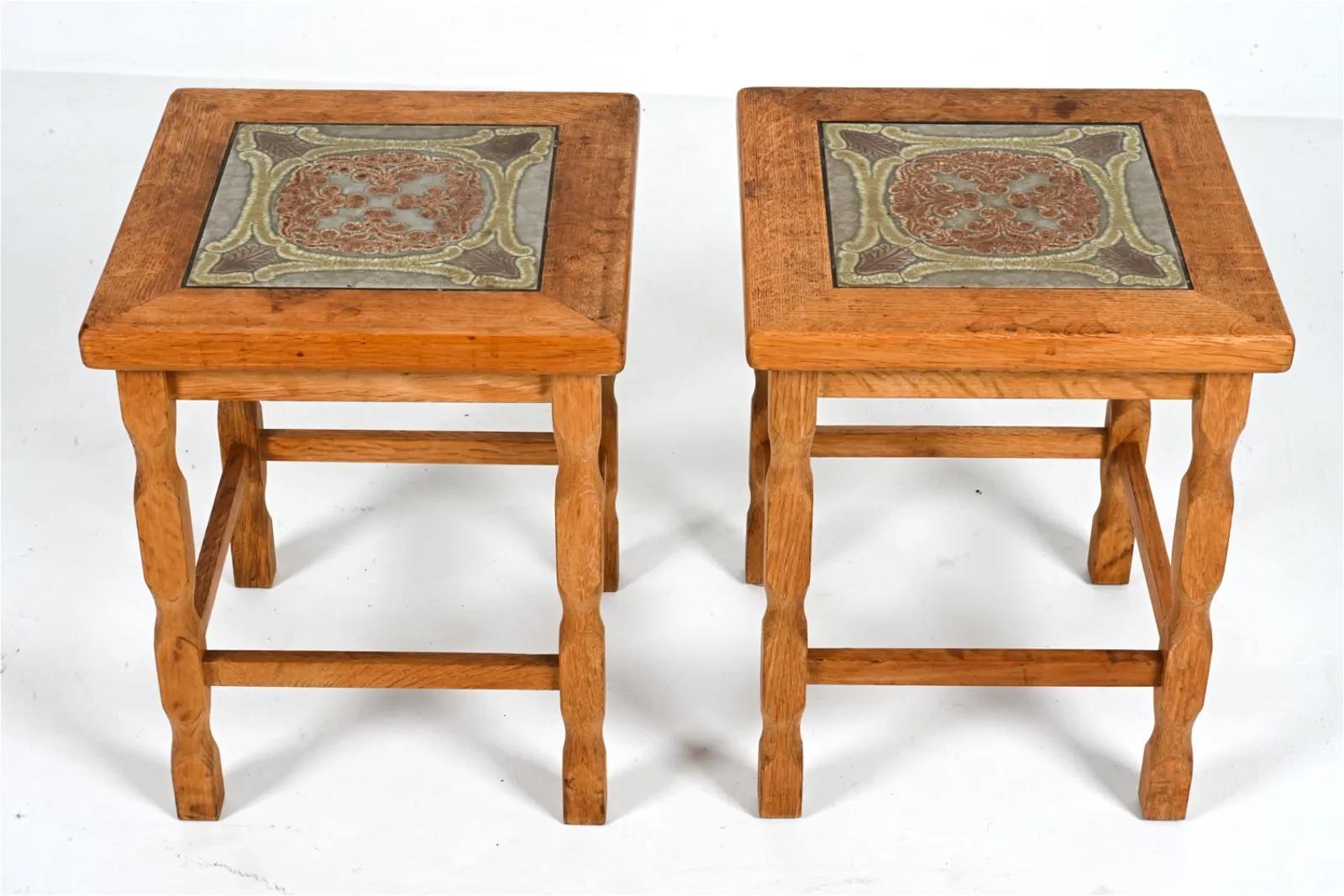 Mid-Century Modern Pair of Oak and Ceramic Tile Side Tables by Henry Kjaernulf