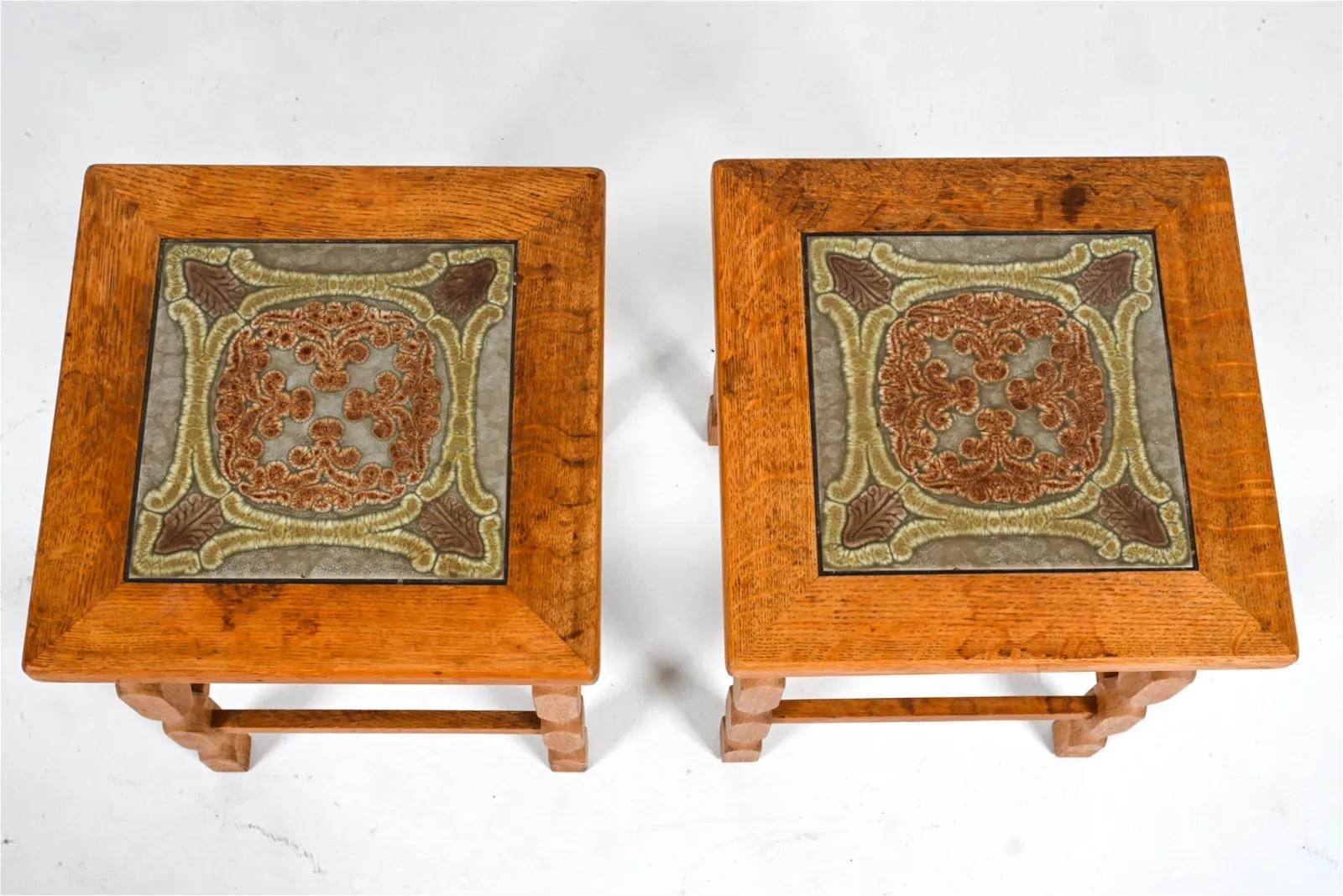 Danish Pair of Oak and Ceramic Tile Side Tables by Henry Kjaernulf