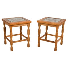 Vintage Pair of Oak and Ceramic Tile Side Tables by Henry Kjaernulf