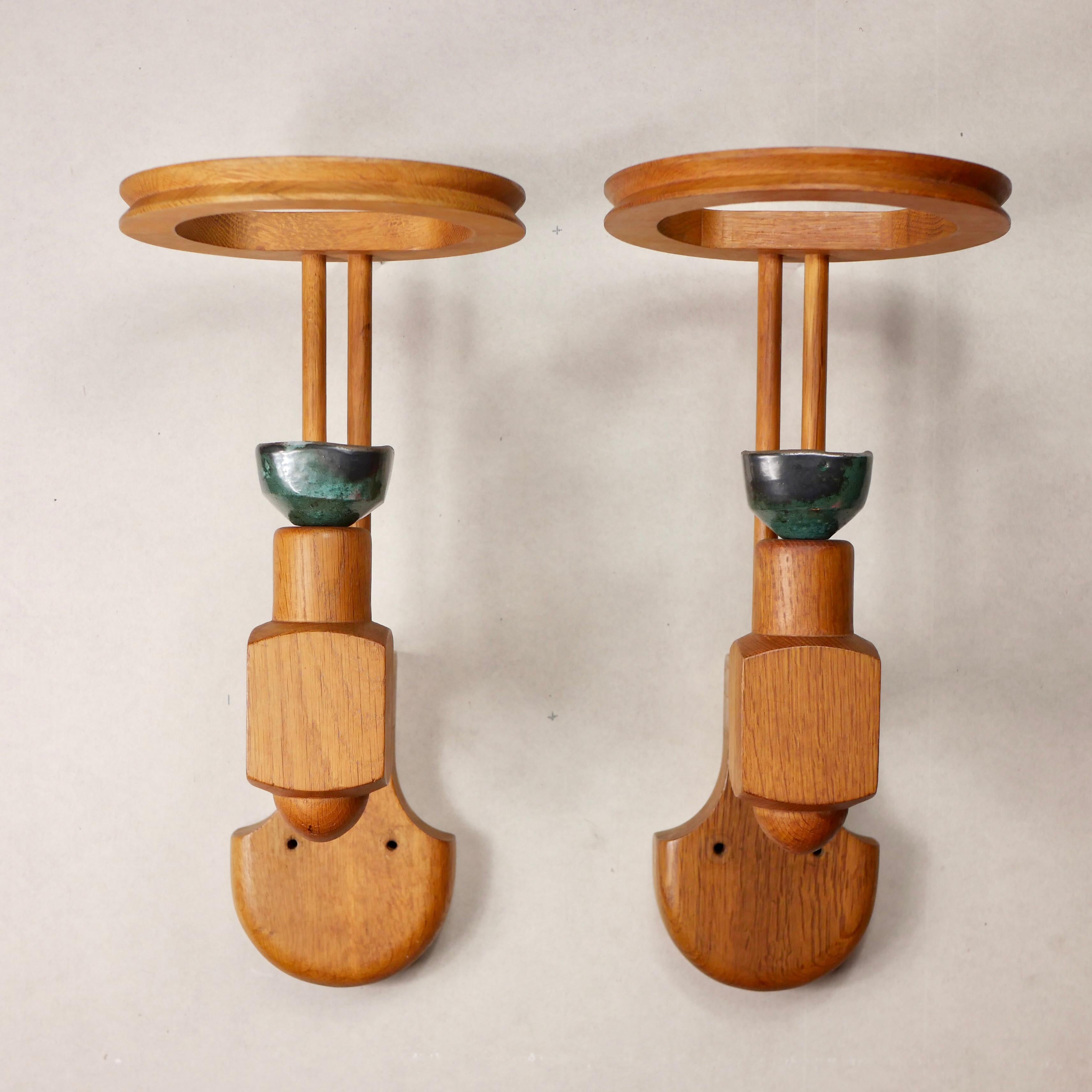 Pair of Oak and Ceramics Wall Lights by Guillerme et Chambron, France, 1960's In Good Condition For Sale In Lyon, FR
