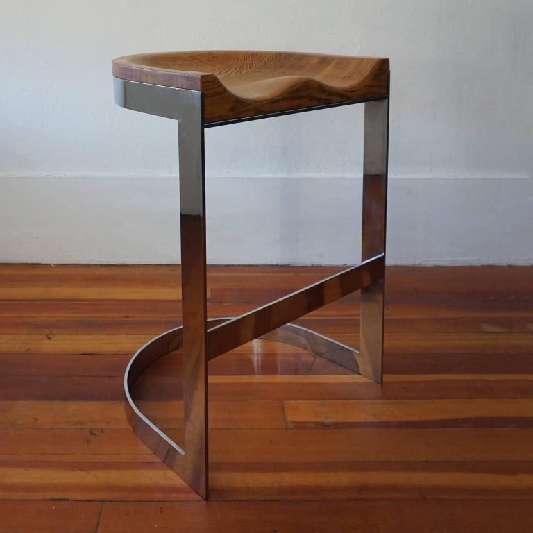 Pair of Oak and Chrome Bar Stools by Warren Bacon California Design at