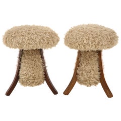 Vintage Pair of Oak and Faux Fur Stools