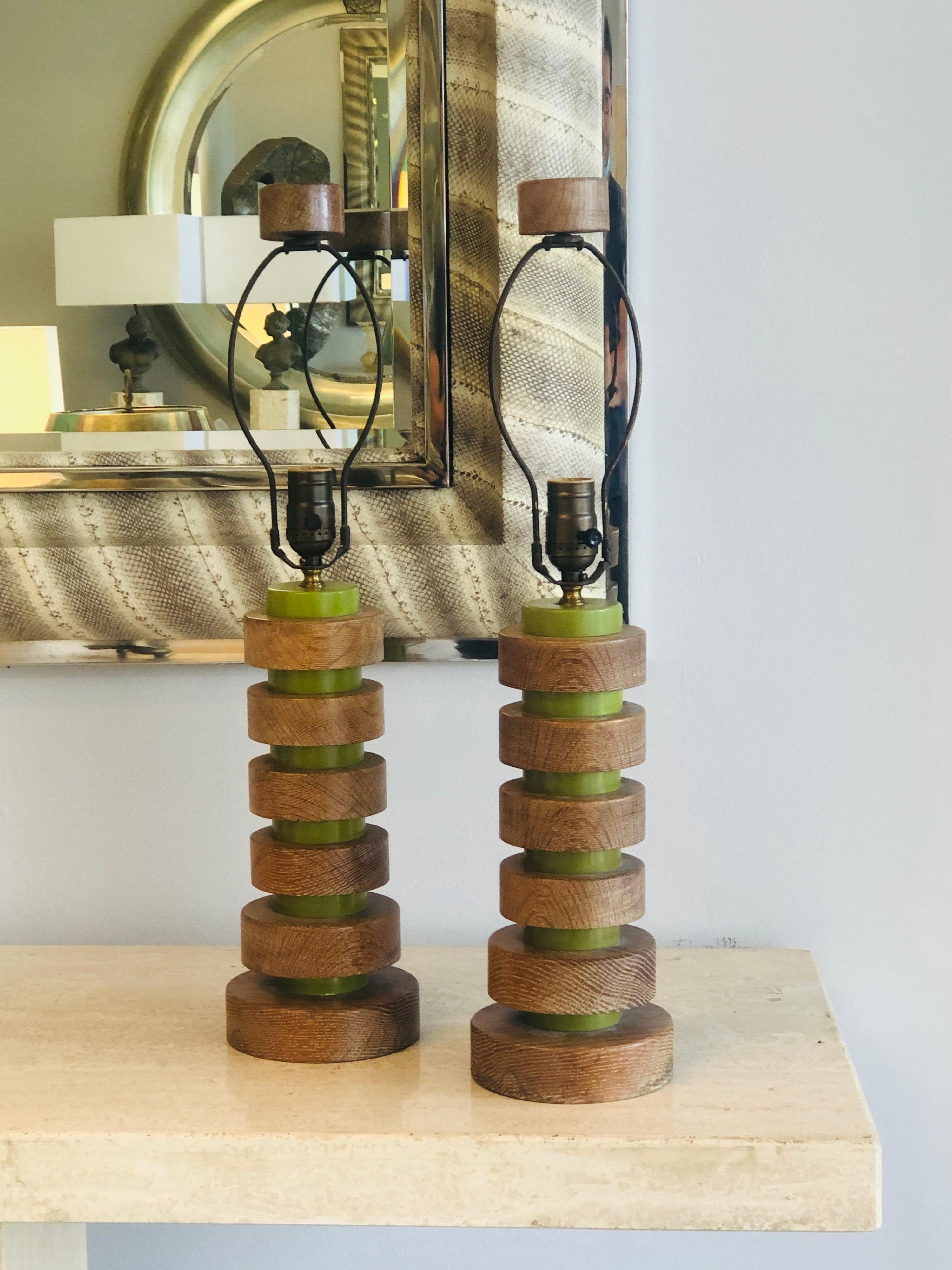 Pair of Oak and Green 1940s Table Lamps In Good Condition In Miami, FL
