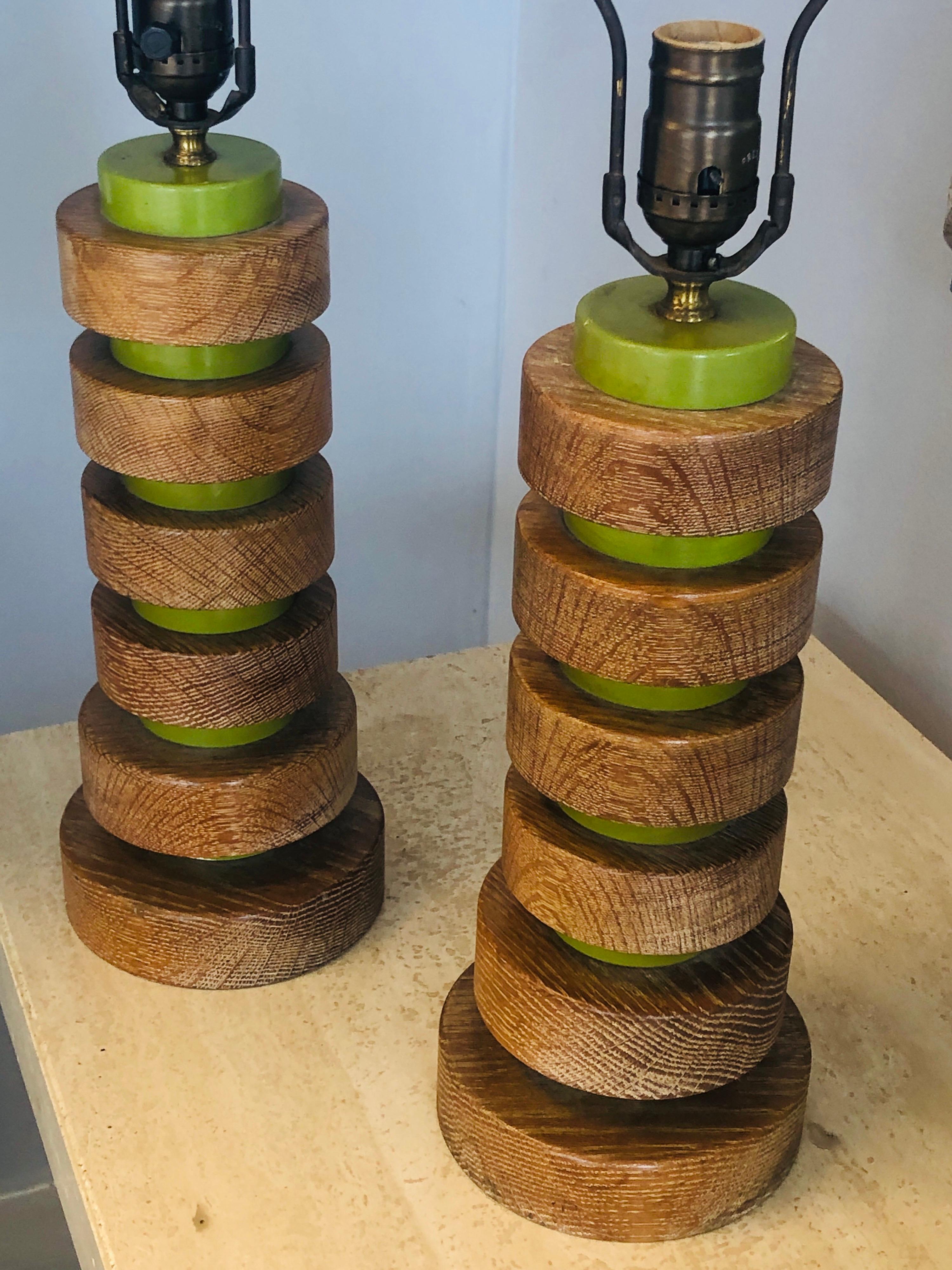 Pair of Oak and Green 1940s Table Lamps 3
