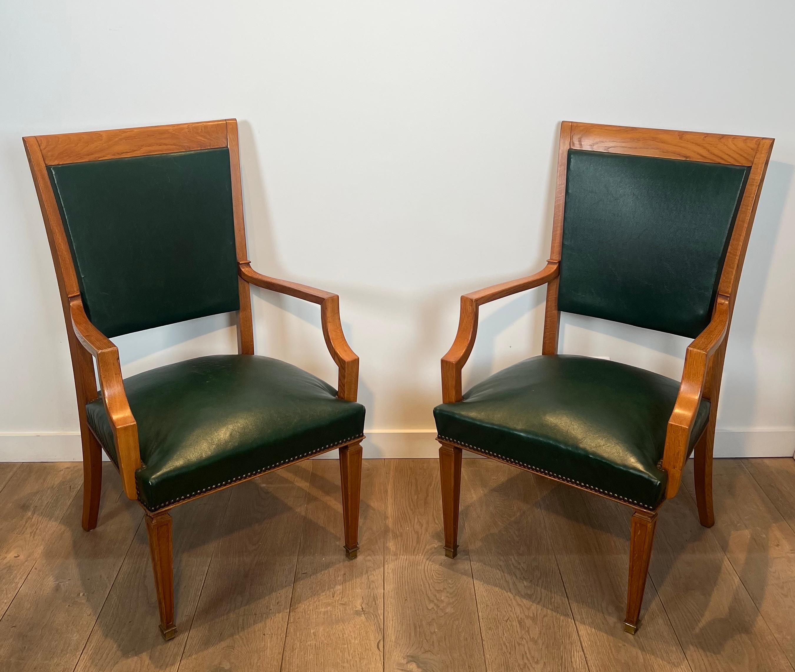 Pair of Oak and Leather Armchairs by  De Coene Frères For Sale 6
