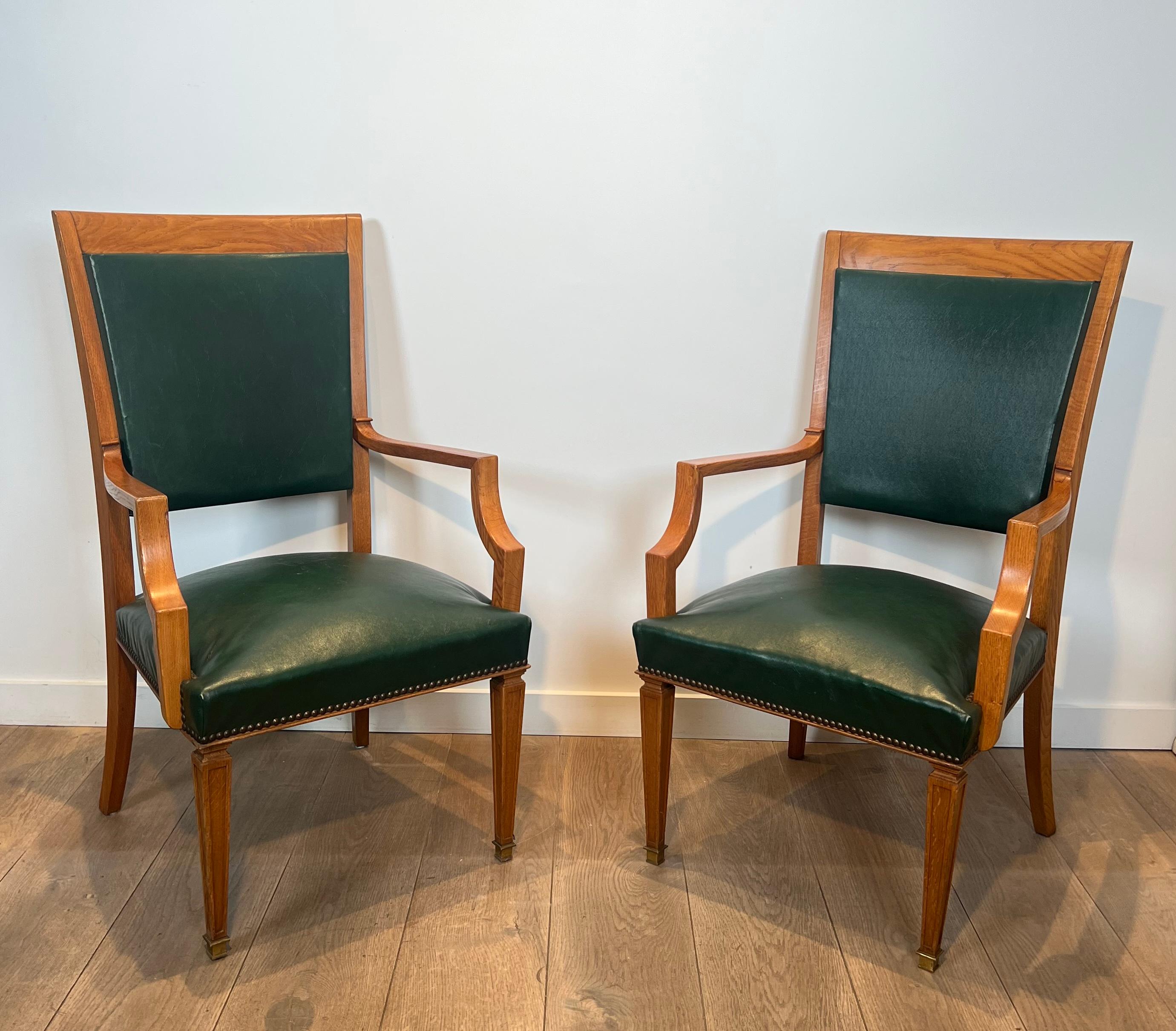 Pair of Oak and Leather Armchairs by  De Coene Frères For Sale 14