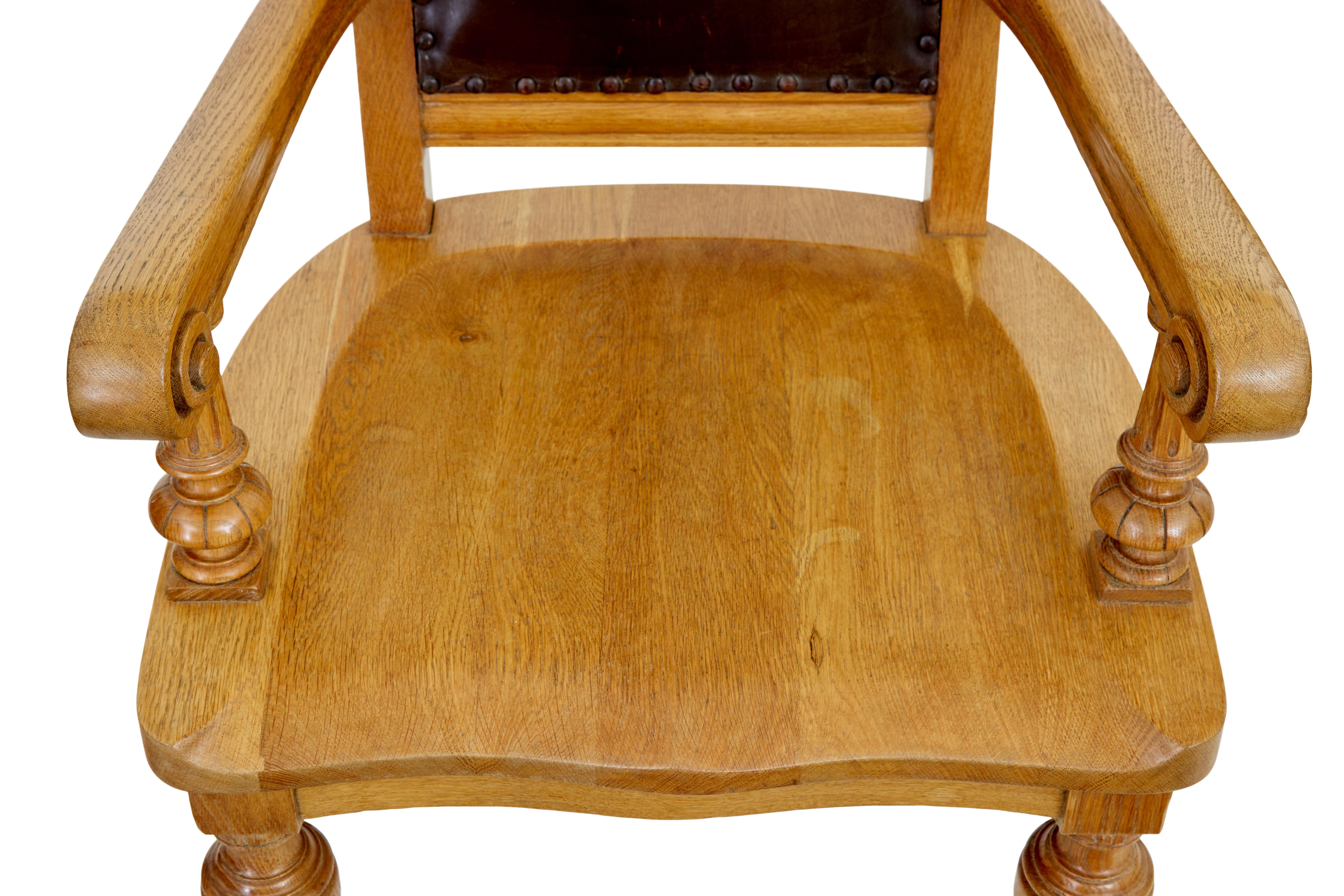 
Pair of oak and leather arts and crafts armchairs circa 1890.

Good quality pair of library chairs from the period of the arts and crafts movement.

Back with rounded corners and moulded edging, original padded leather back rest with studwork which