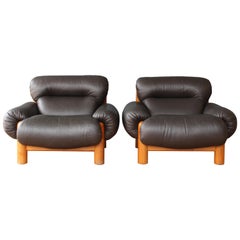 Pair of Oak and Leather Chairs, 1970s, Italy