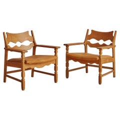 Retro Pair of Oak and Leather Razor Blade Armchairs by Henning Kjaernulf